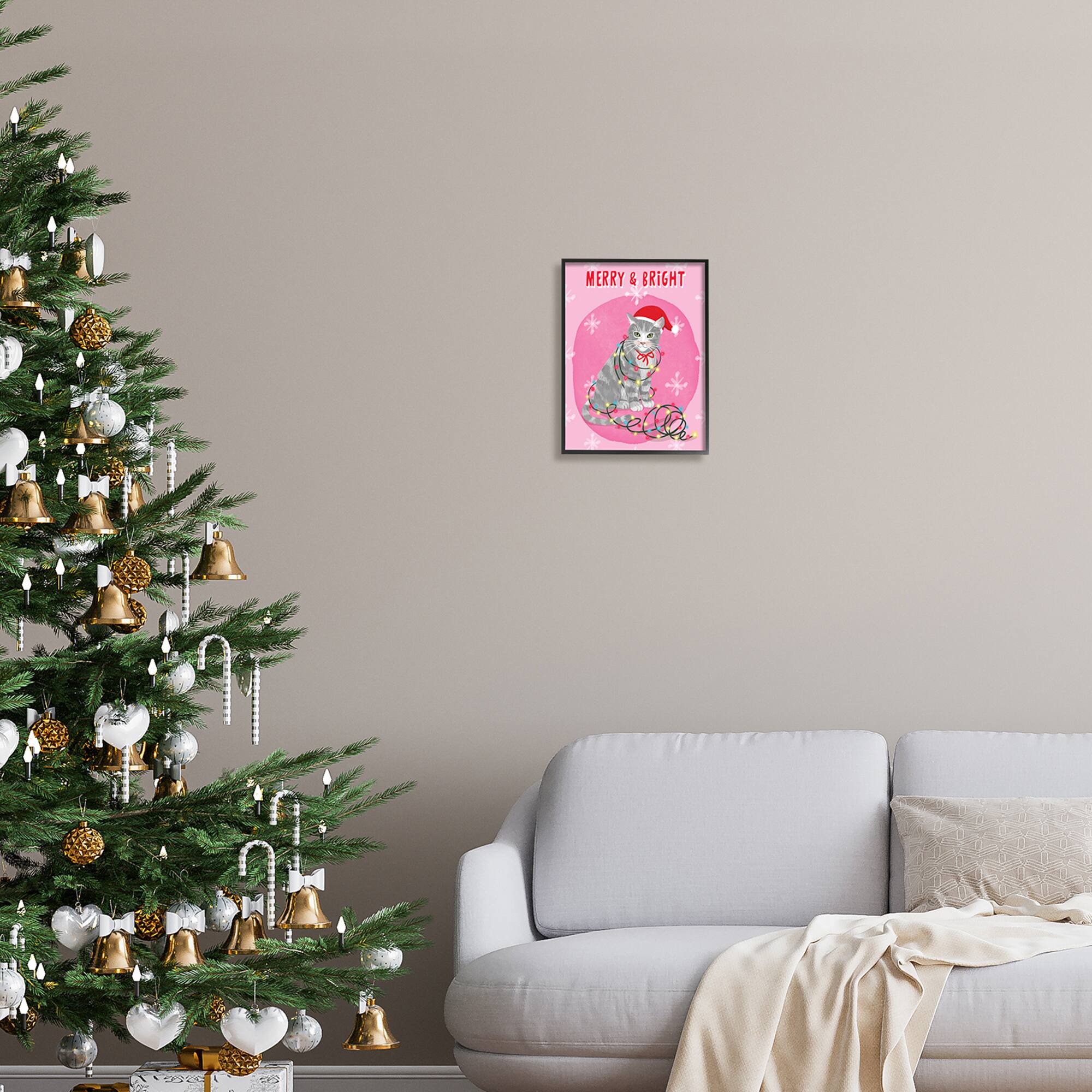 Stupell Industries Merry & Bright Christmas Cat Lights Framed Giclee Art