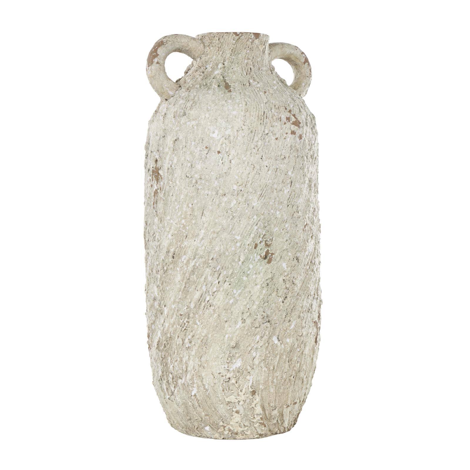 15.5" Cream Magnesium Oxide Antique Textured Amphora Decorative Vase with 2 Small Handles