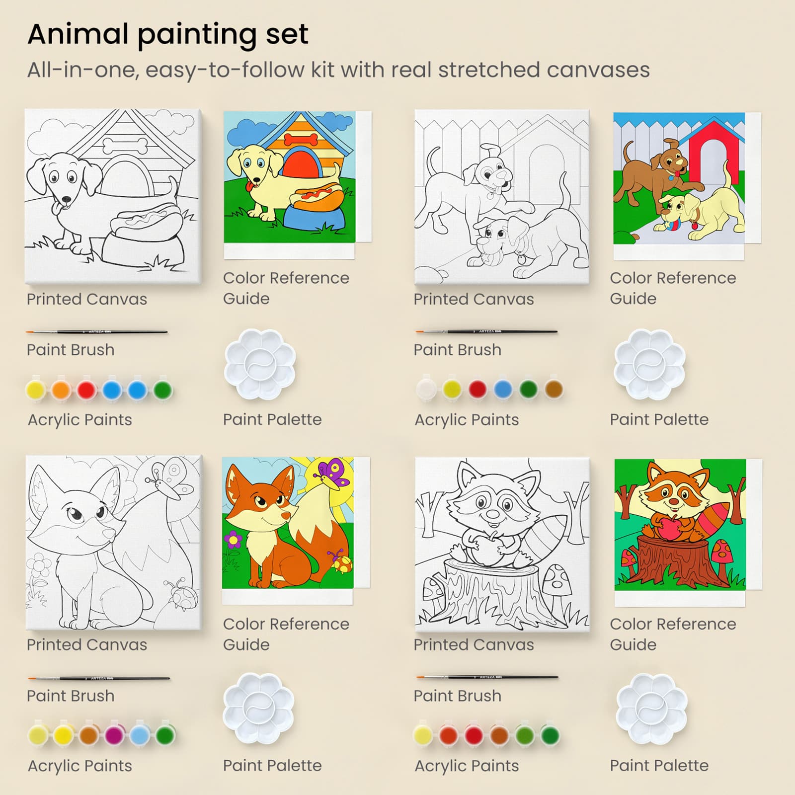 Arteza® Kids Canvas Paint Kit, 4 8x8 Canvas with Brushes & Paints Animals