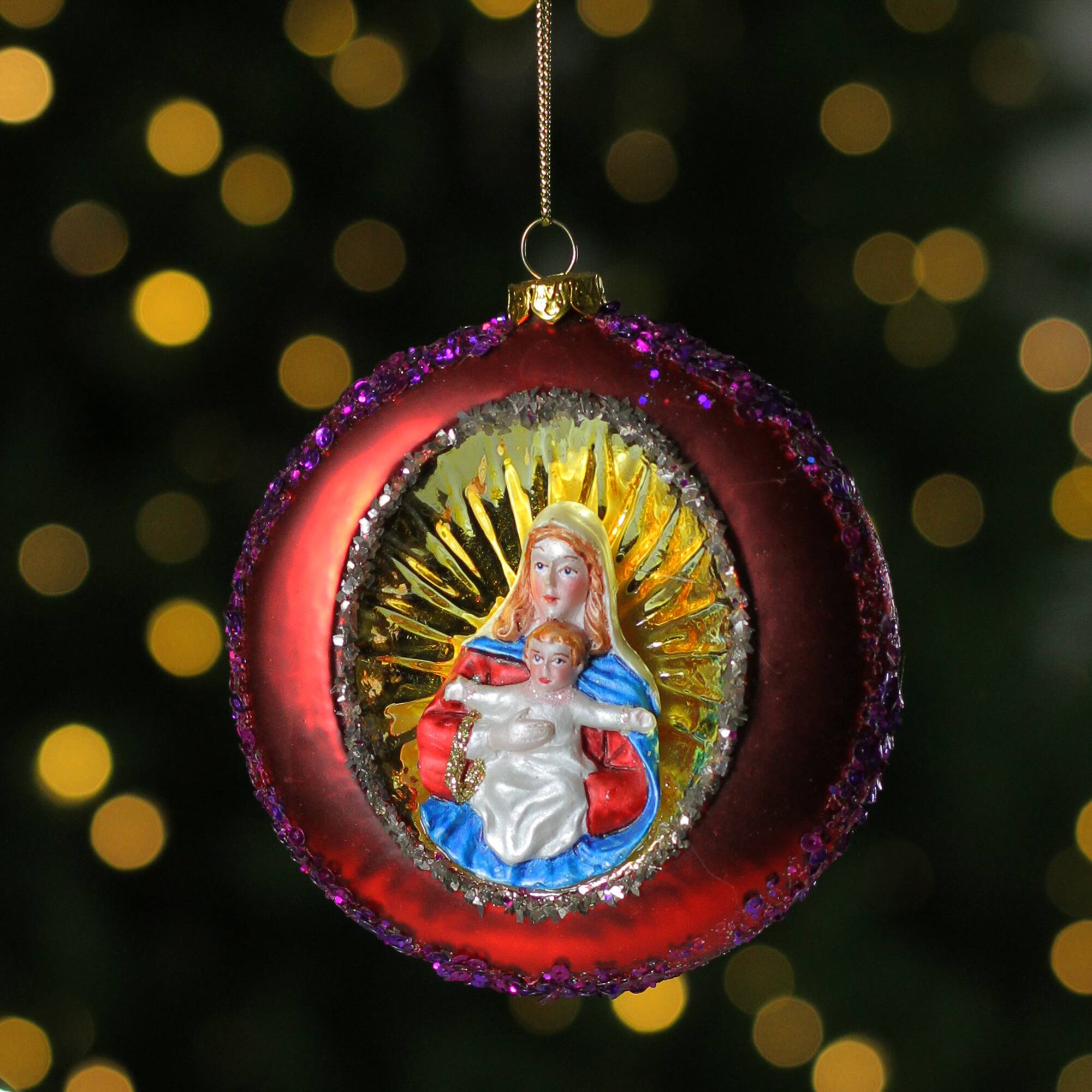 4" Mary and Jesus Sequin Religious Glass Disc Christmas Ornament