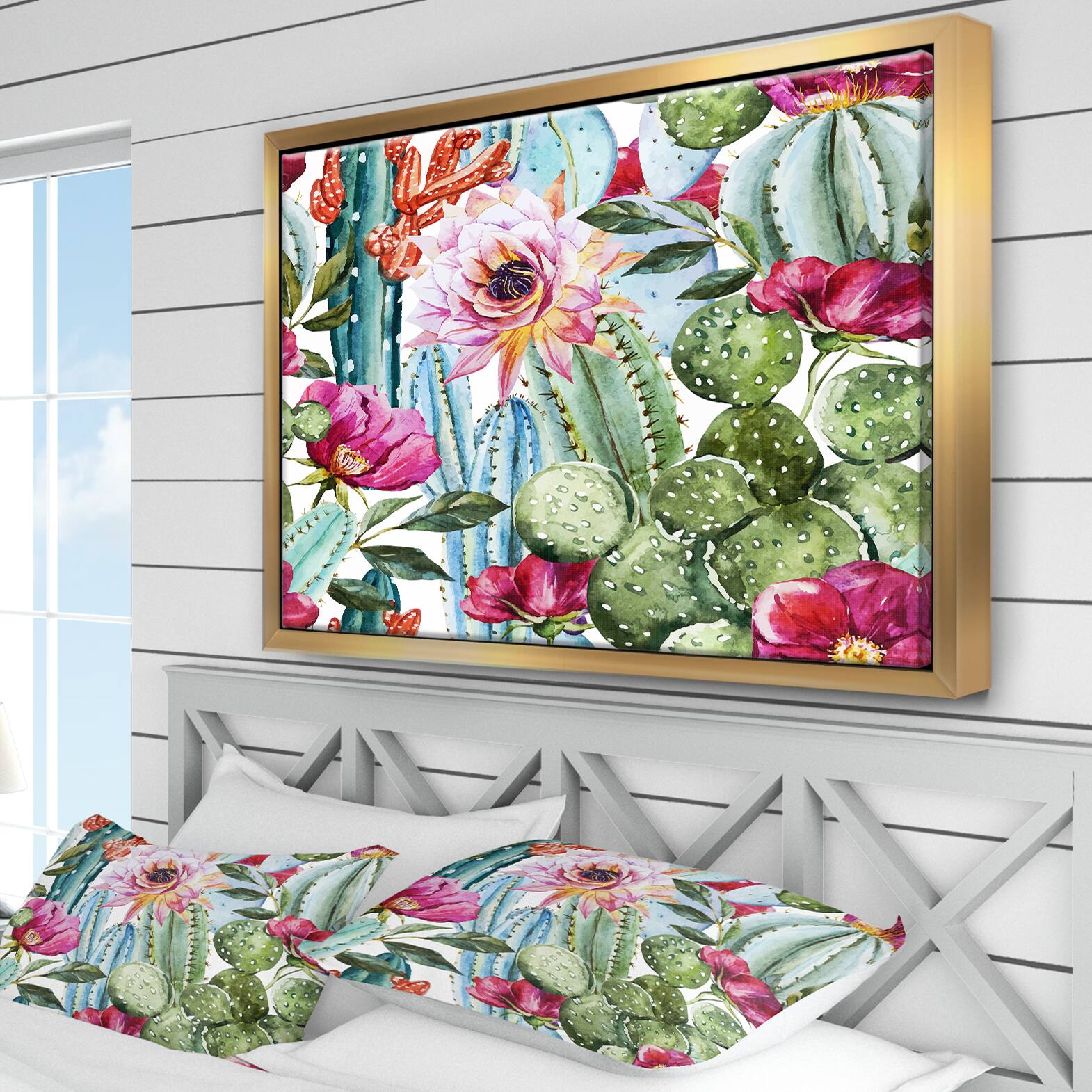 Designart - Cactus Pattern Watercolor - Floral Art Framed Canvas Print