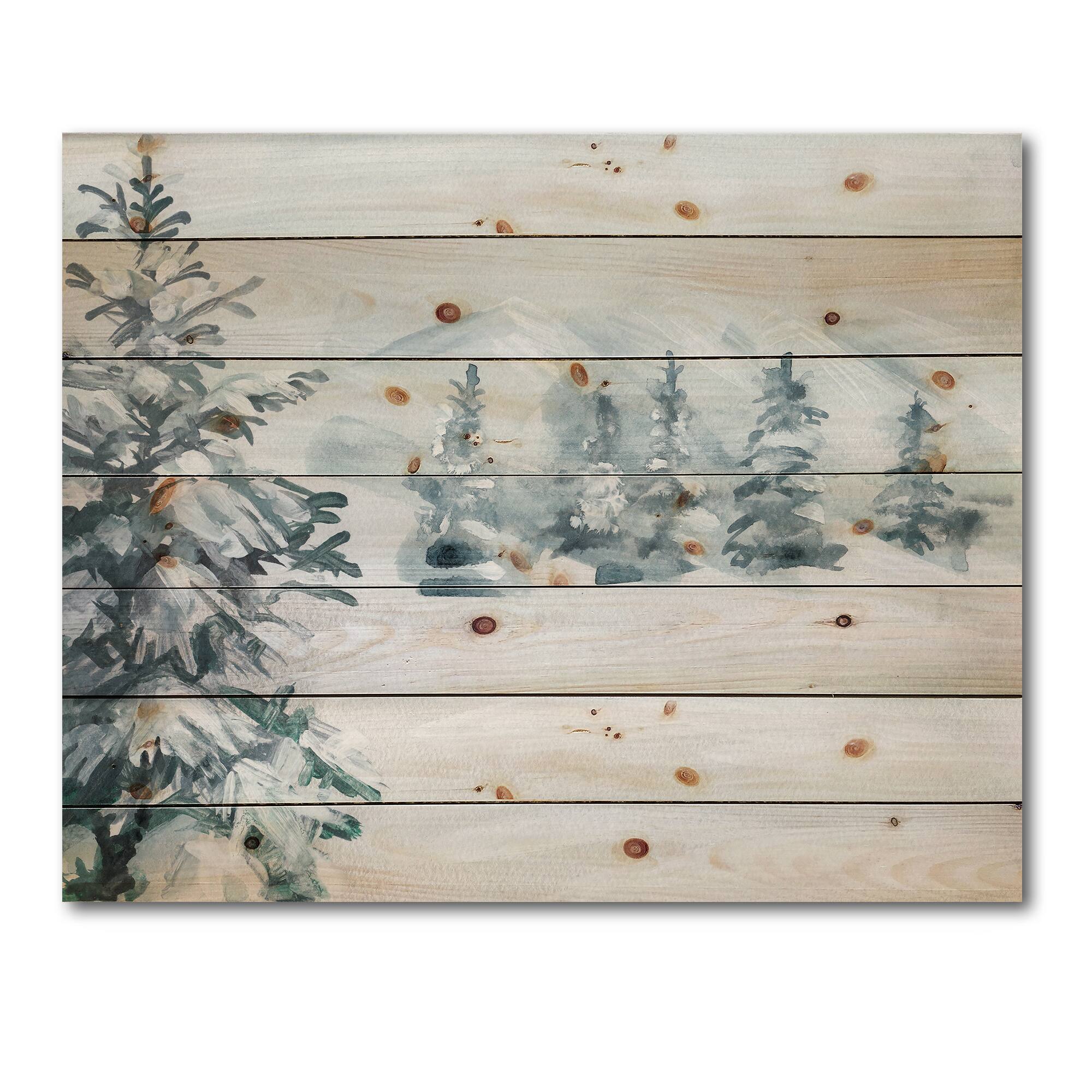 Designart - Snowy Pine Trees - Traditional Print on Natural Pine Wood