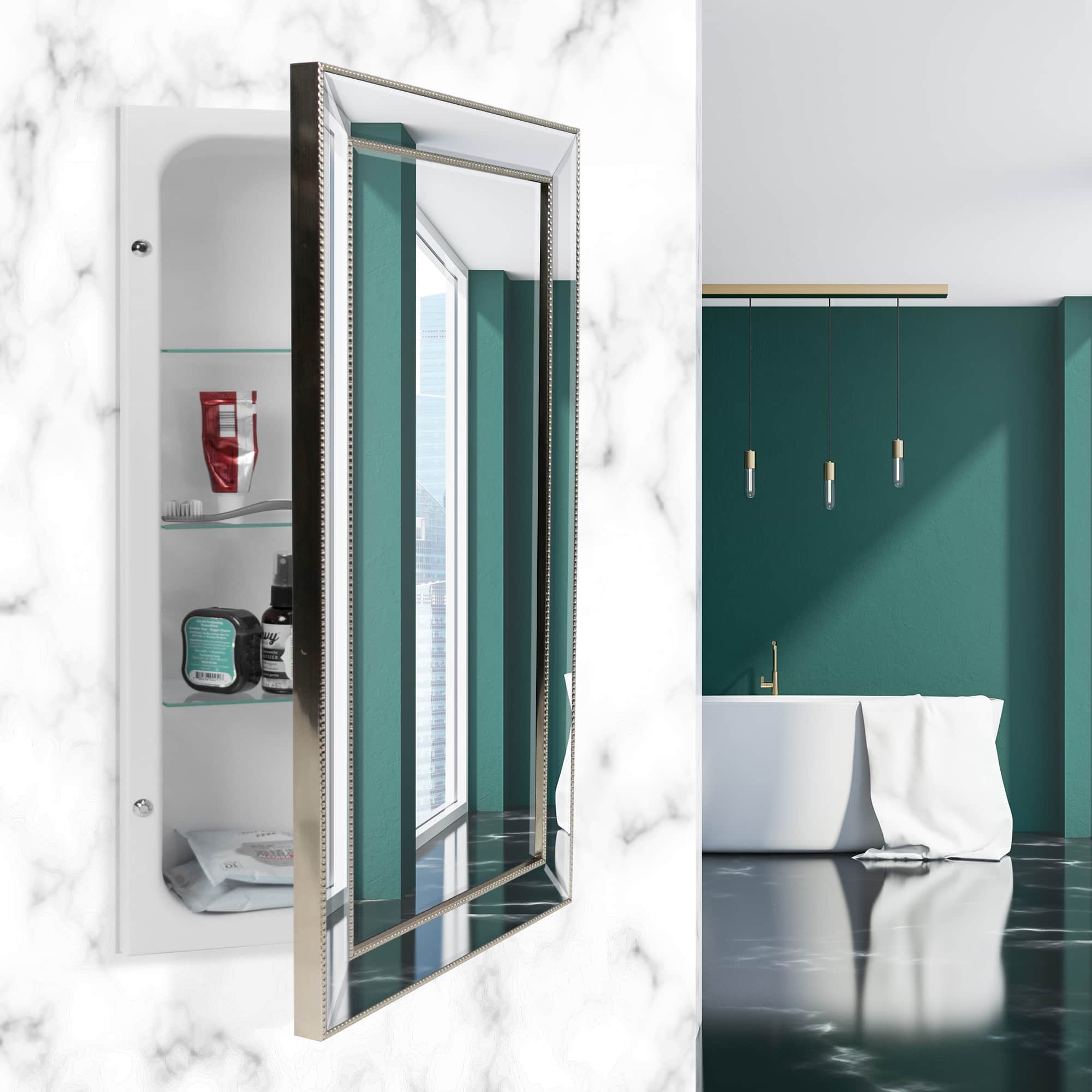 Head West Beaded Champagne Silver Framed Wall Vanity Mirror & Medicine Cabinet