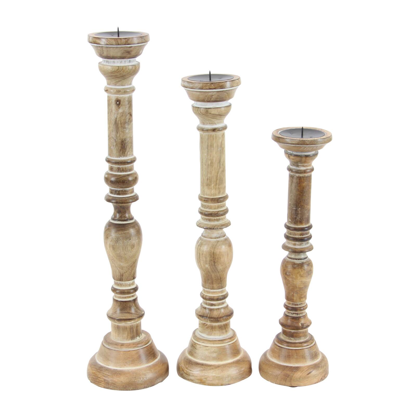 Brown Mango Wood Traditional Candle Holder Set