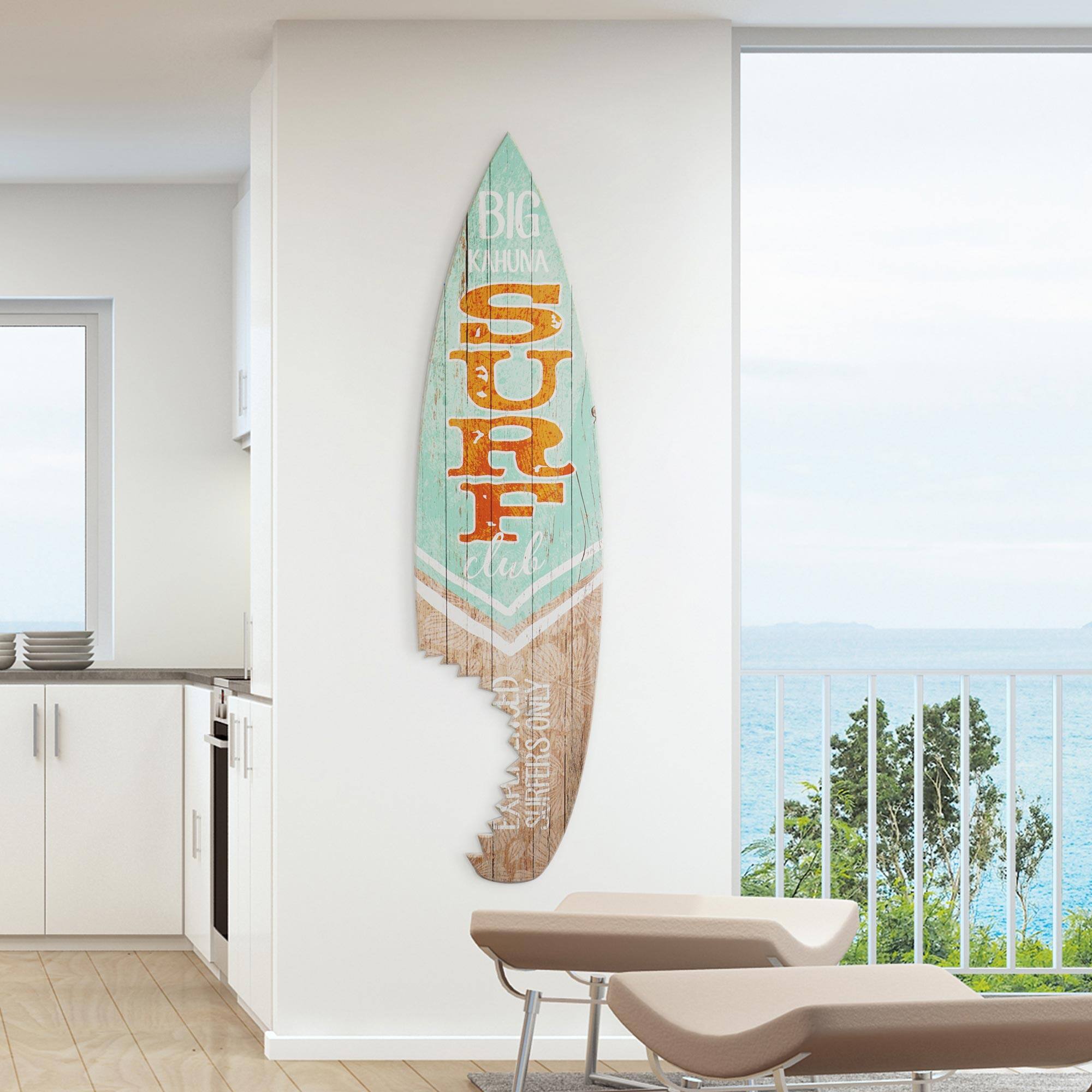 Big Kahuna Surf Club Shark Bite Wood Surfboard Plaque Wall Sign - 60&#x22;x15&#x22;