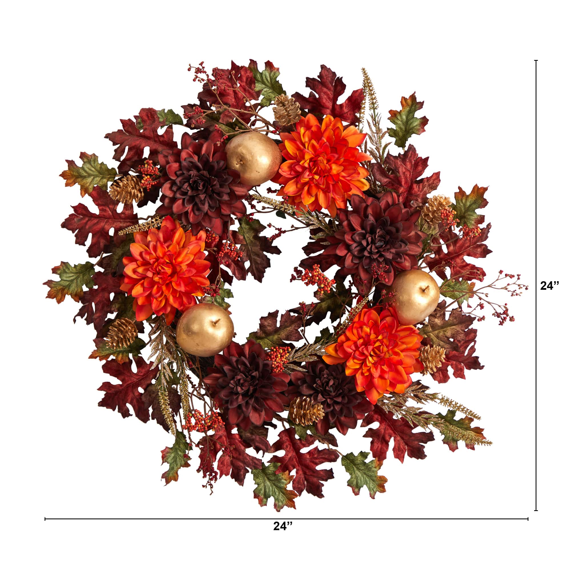 24&#x22; Fall Dahlia, Golden Apple, Oak Leaf &#x26; Berries Autumn Artificial Wreath