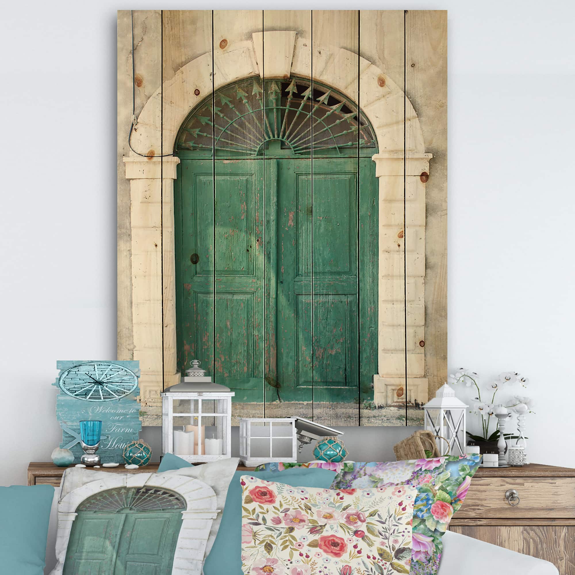 Designart - Old European Vintage Door - Vintage Print on Natural Pine Wood