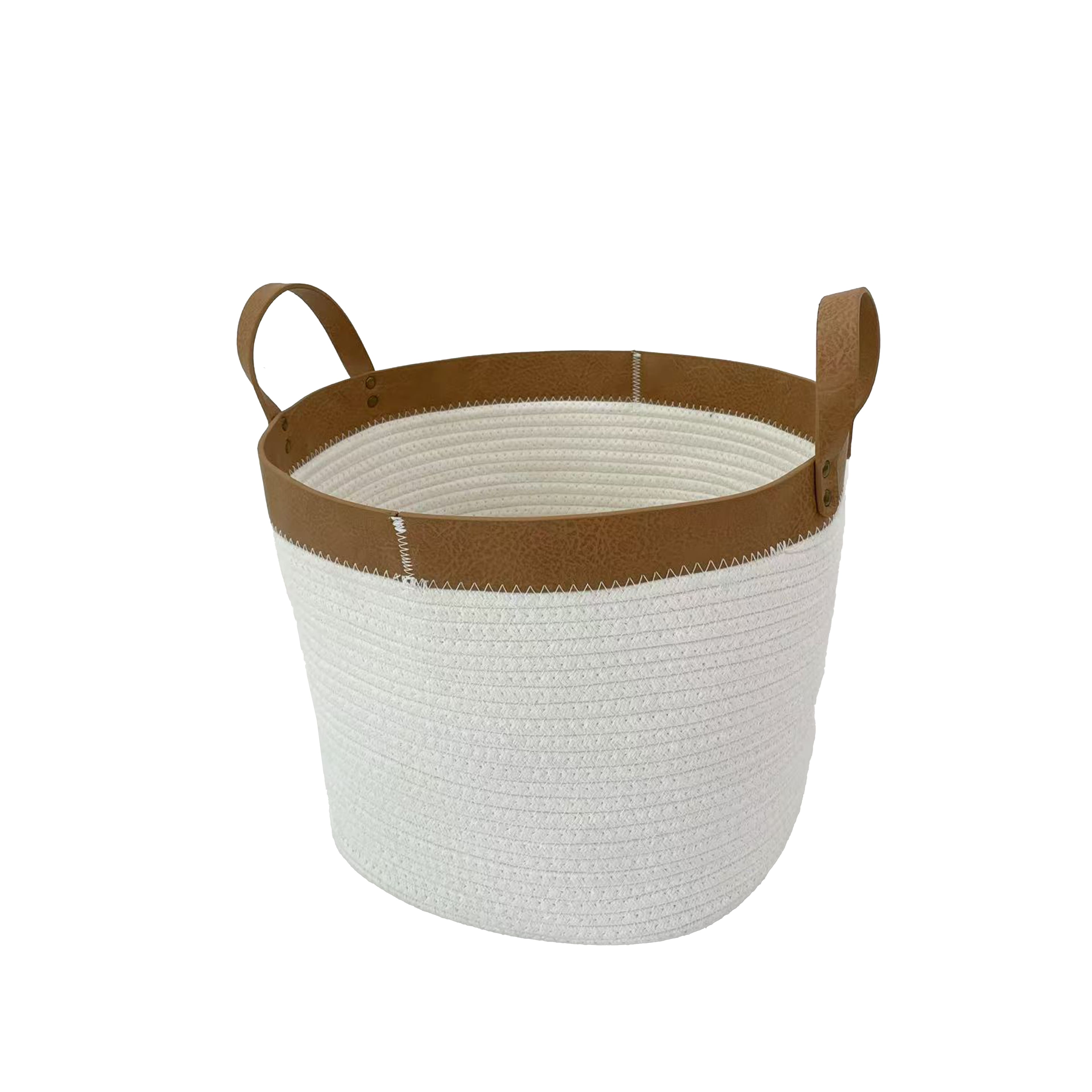 White Fabric Rope Basket with Brown Faux Leather Brim by Ashland&#xAE;