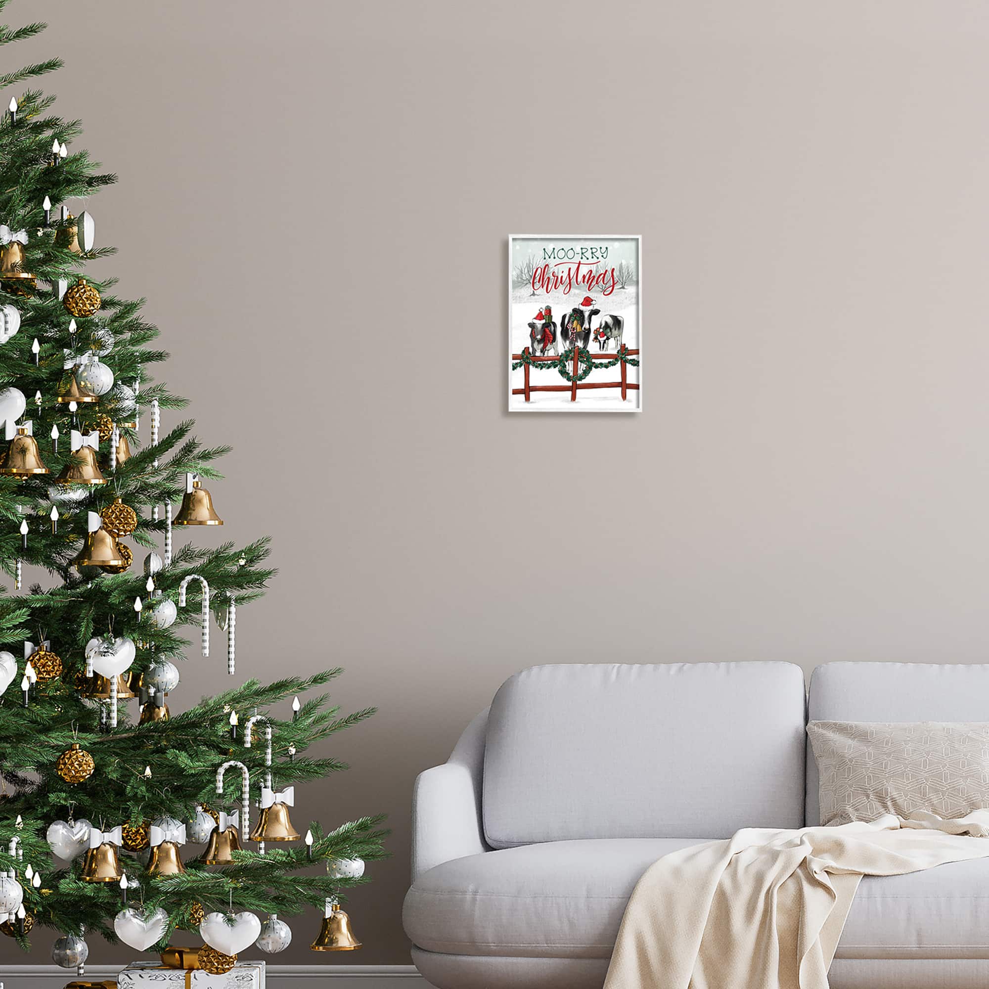 Stupell Industries Moo-rry Christmas Holiday Snowy Cows Framed Giclee Art