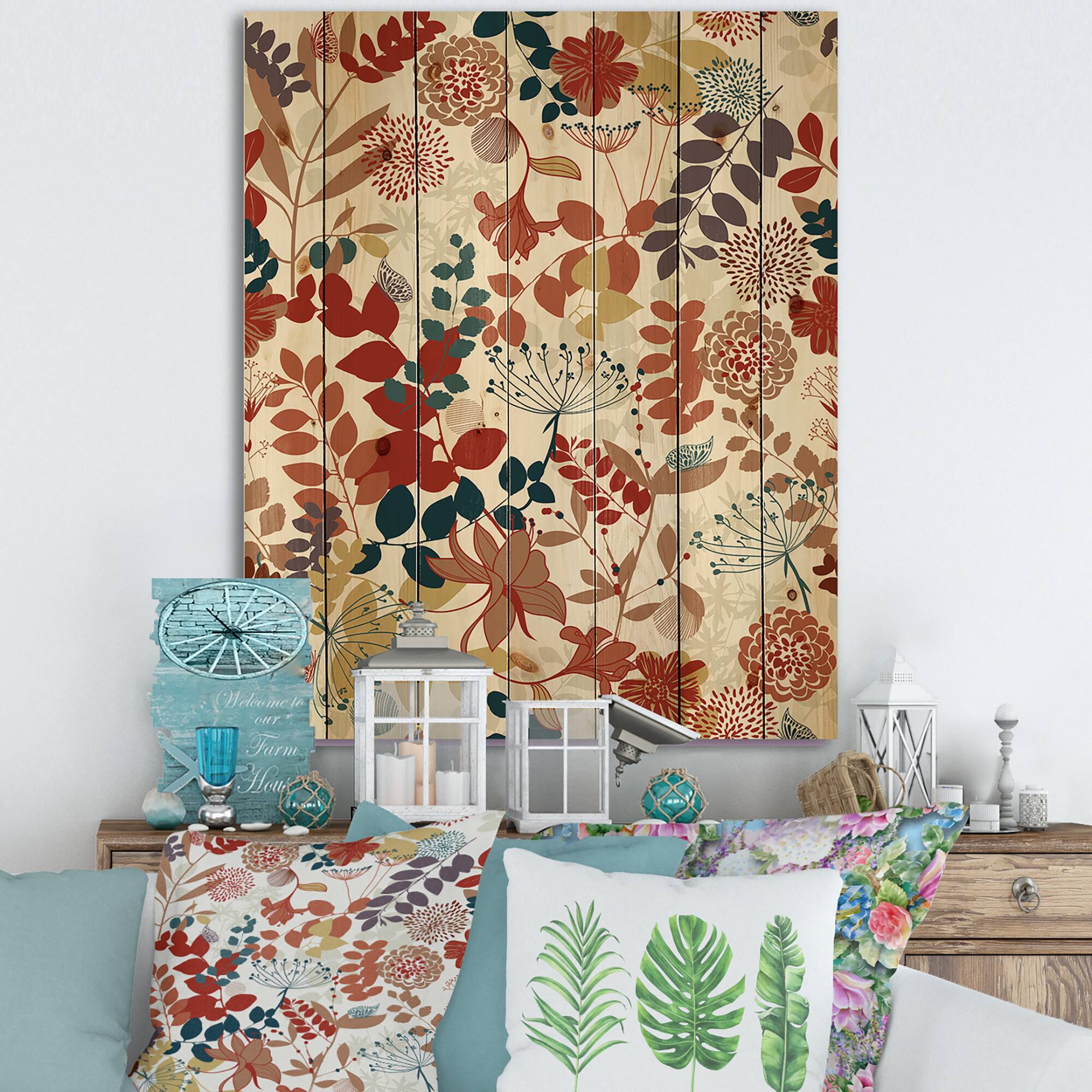 Designart - Retro Botanical Garden - Bohemian & Eclectic Print on Natural Pine Wood