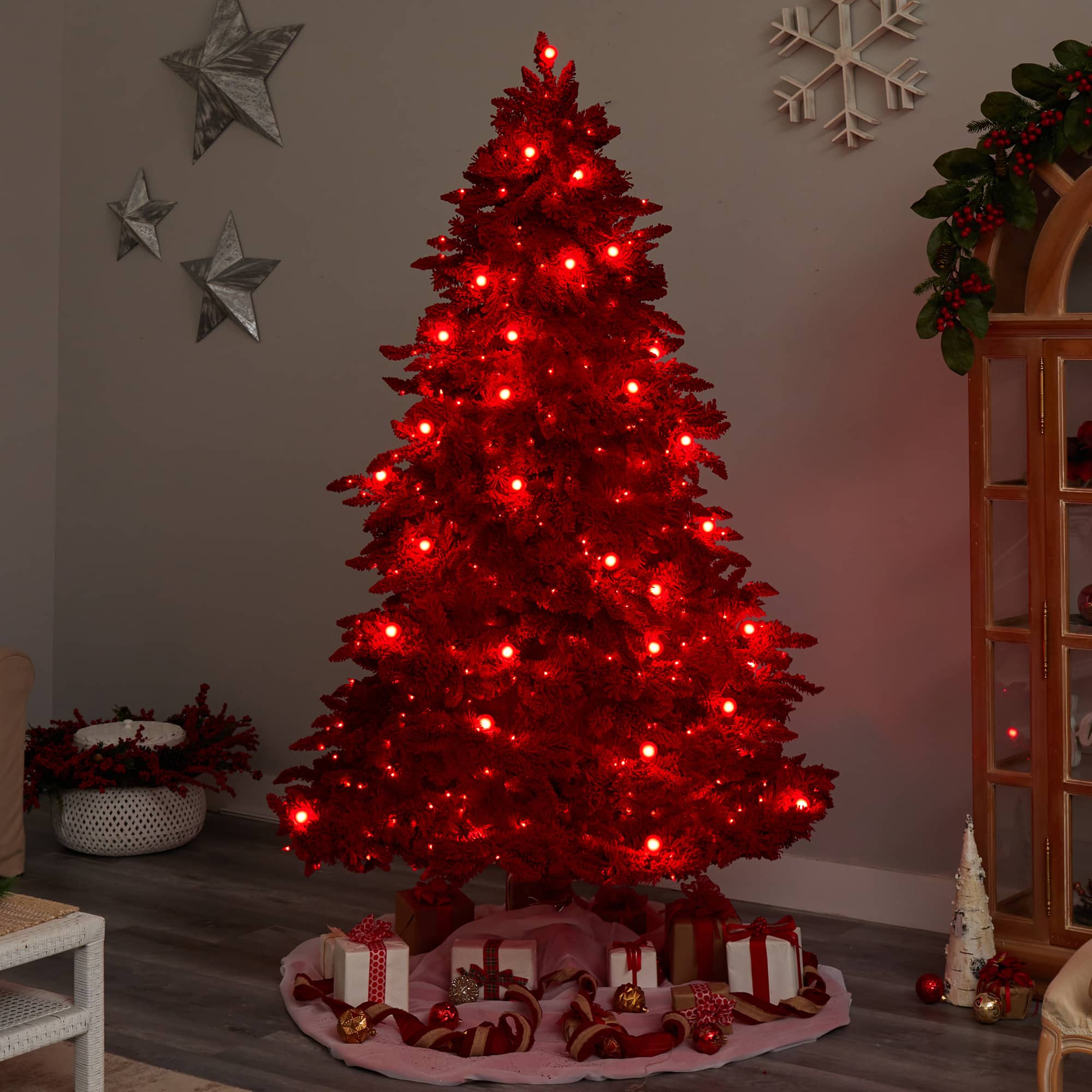 8ft. Pre-Lit Red Flocked Fraser Fir Artificial Christmas Tree, Red Lights