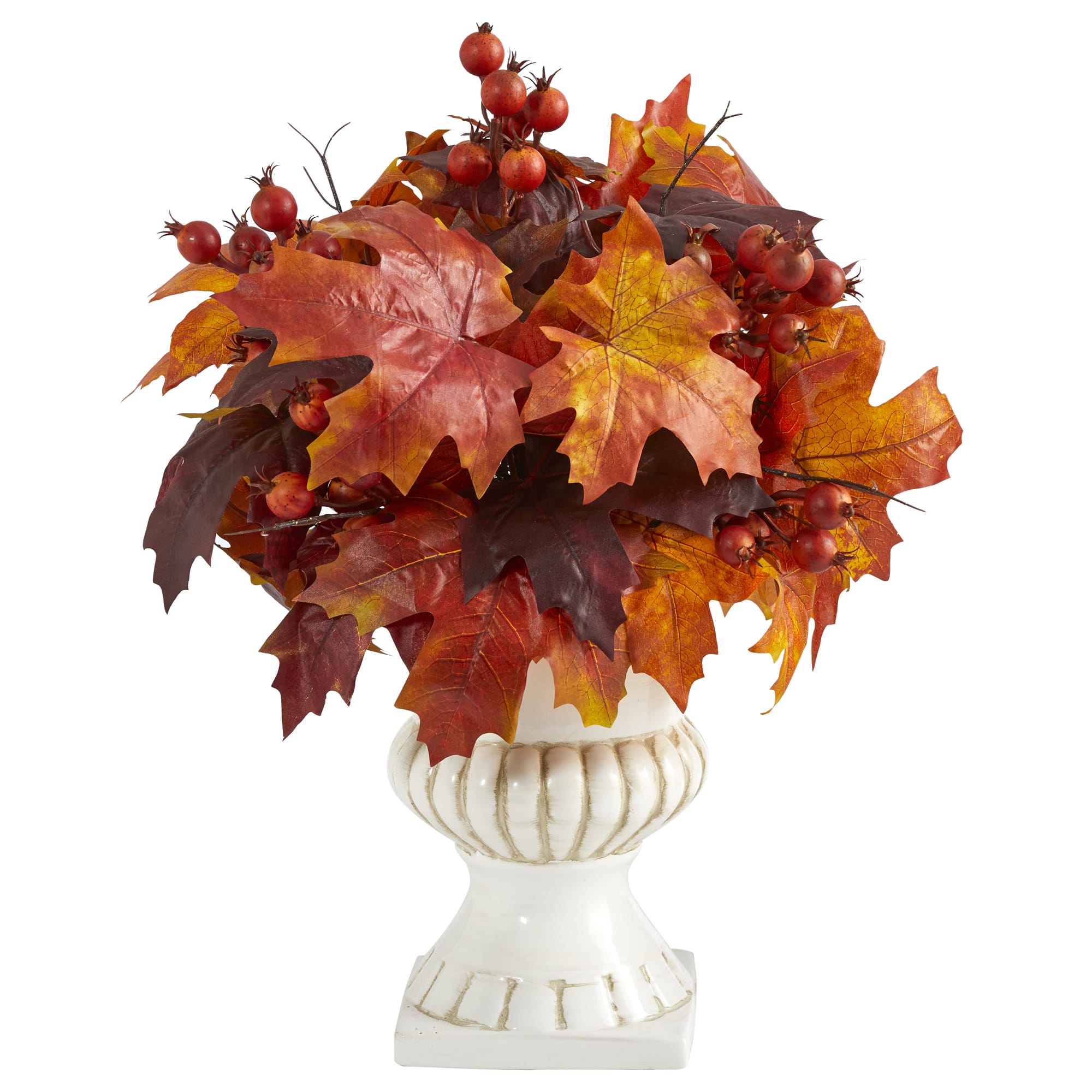 20&#x22; Autumn Maple Leaf &#x26; Berries Plant in White Urn