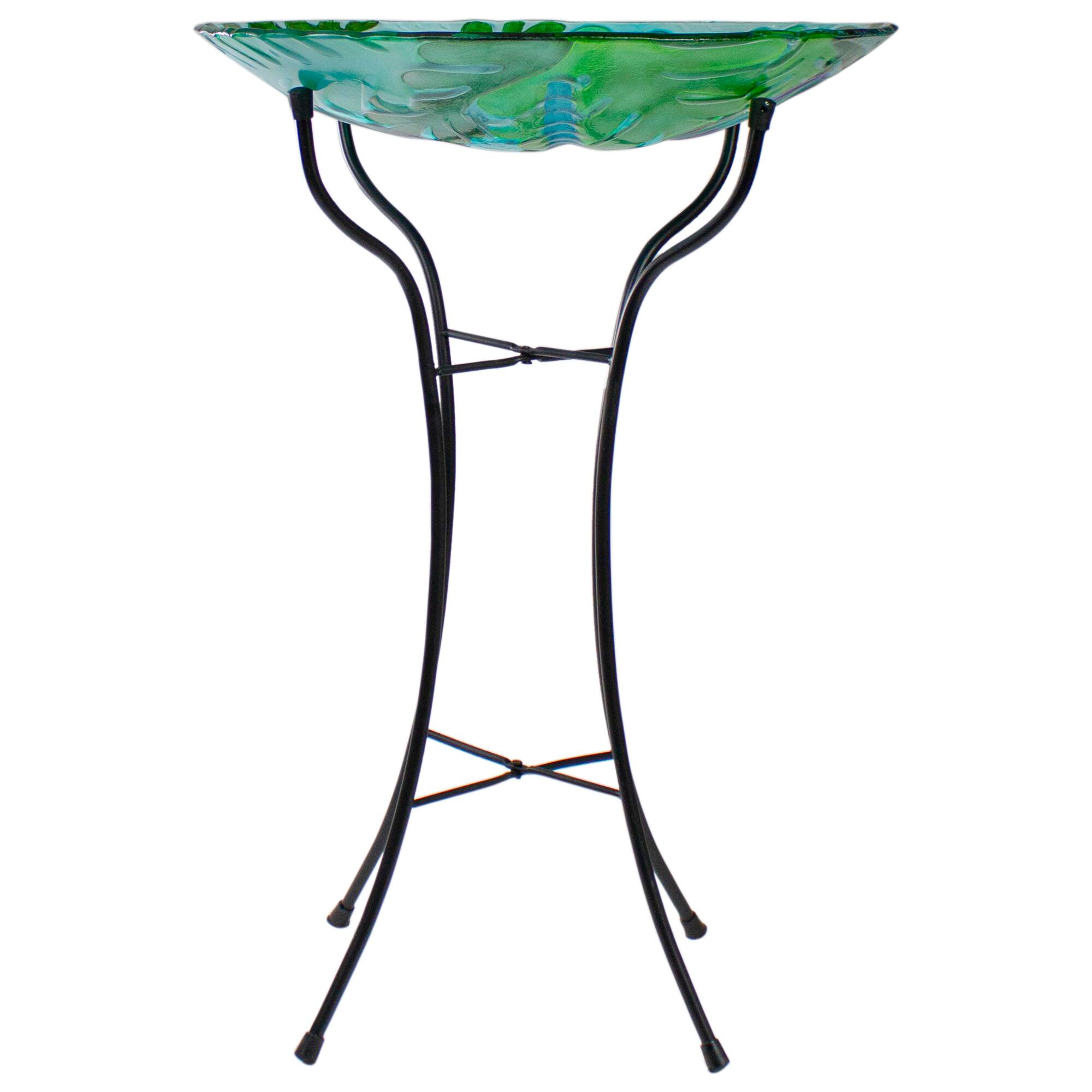 18&#x27;&#x27; Colorful Dragonfly with Green Leaves Hand Painted Glass Birdbath