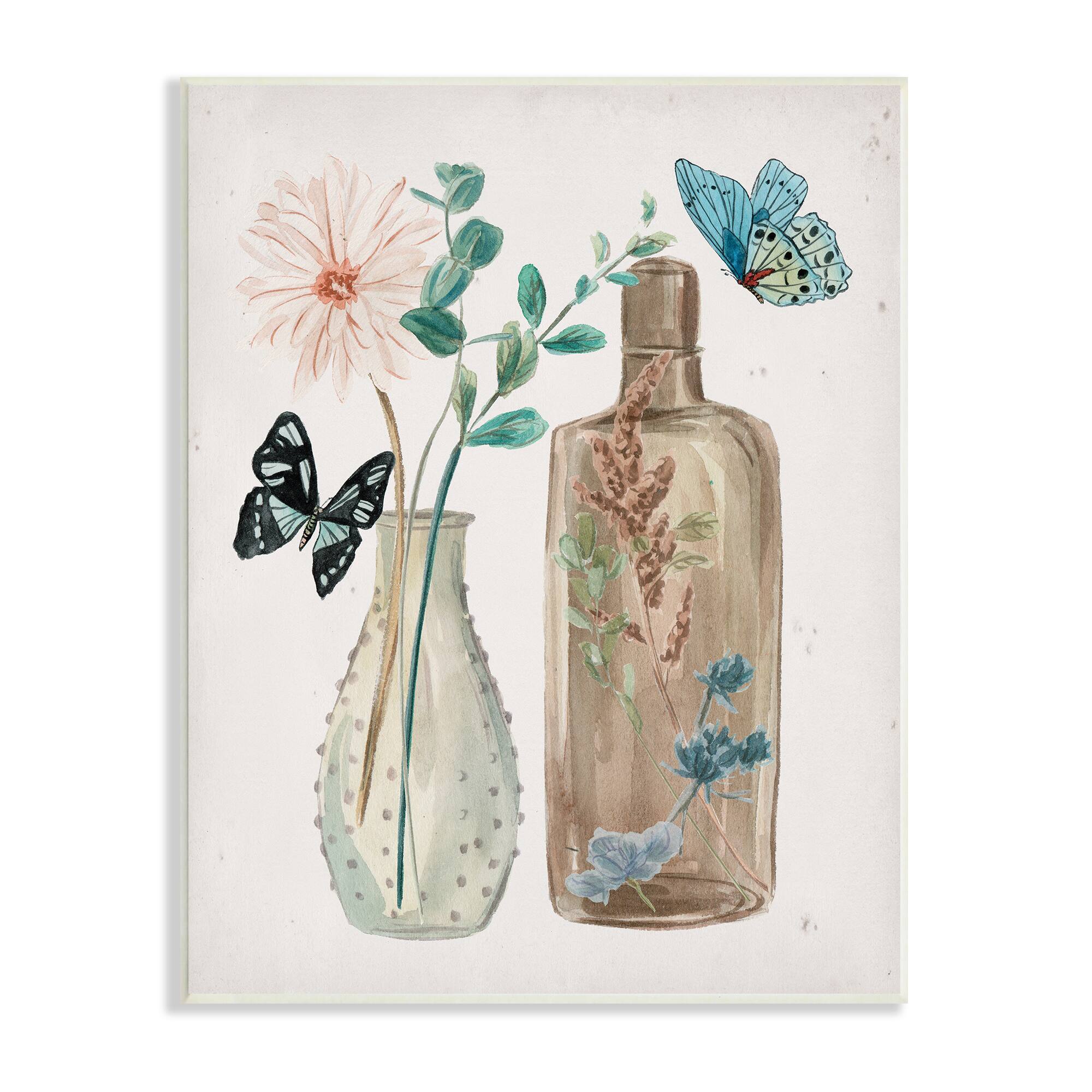 Stupell Industries Butterfly Blooming Floral Jars Tranquil Flower Still-Life Wall Plaque