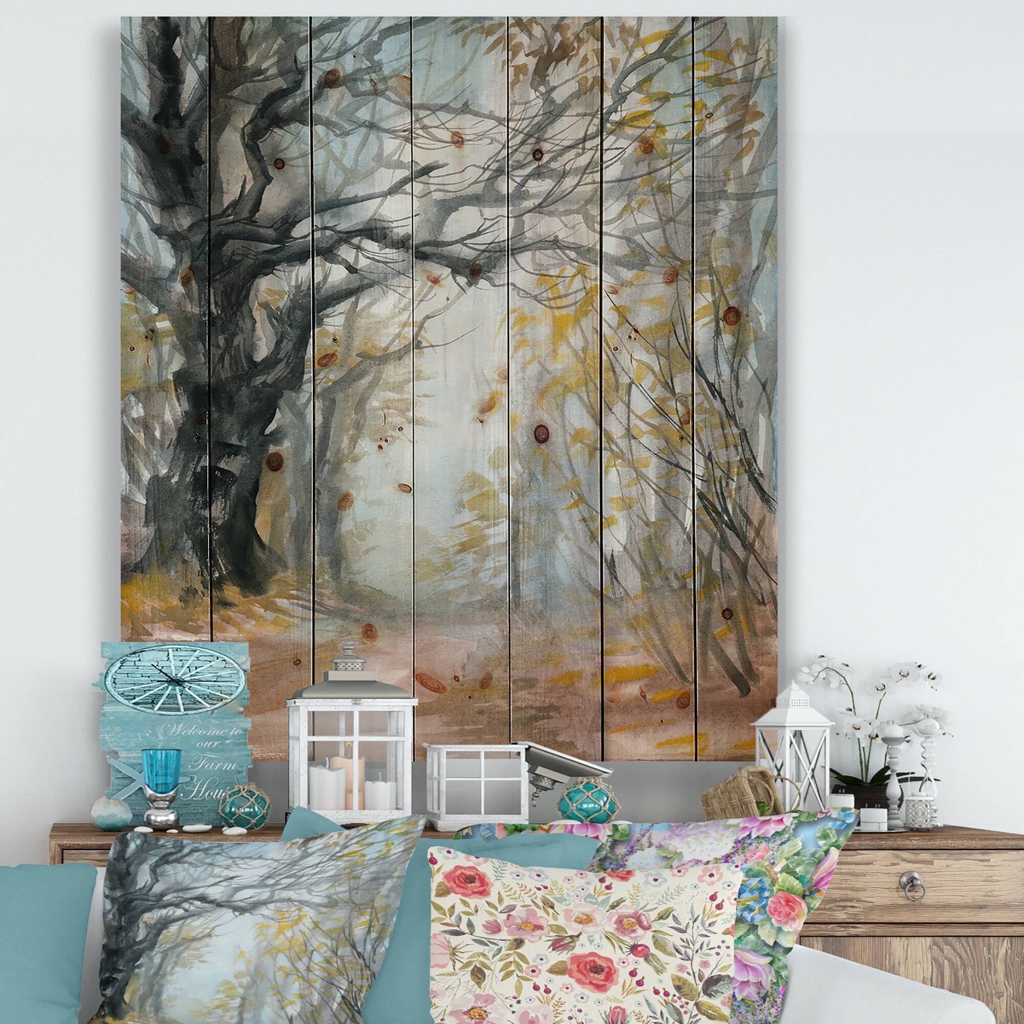 Designart - Autumn Misty Forest - Lake House Print on Natural Pine Wood