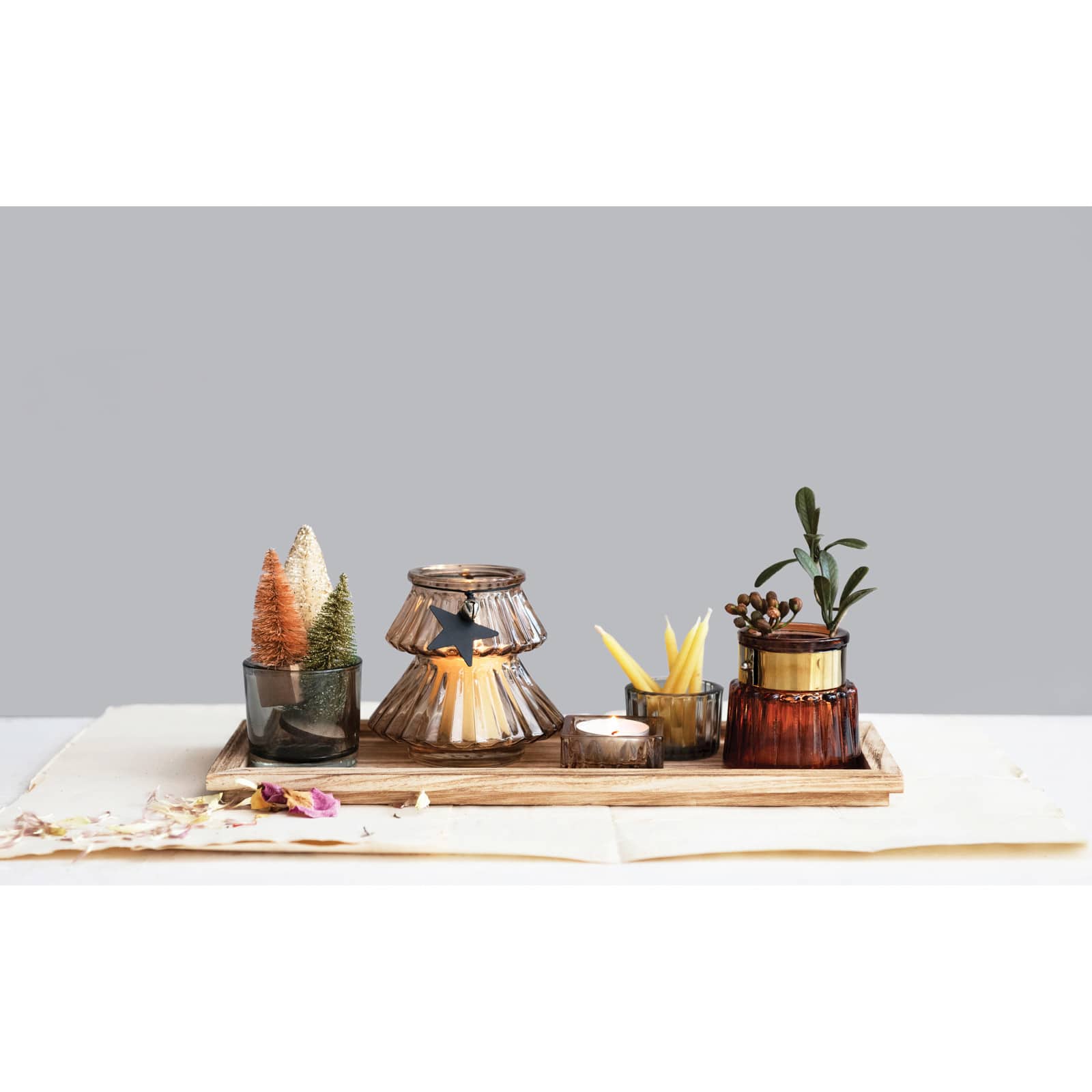 Hello Honey&#xAE; Wood Tray with 5 Multicolor Glass Tealight/Votive Holders Set