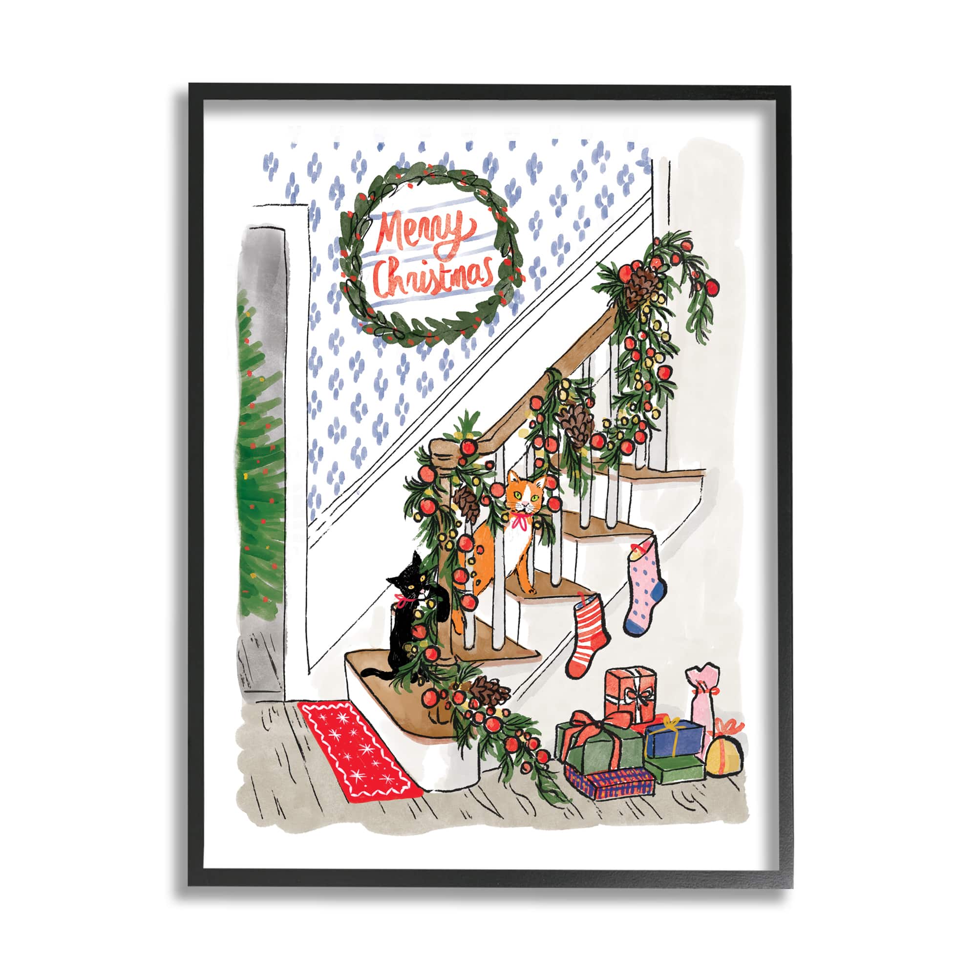 Stupell Industries Merry Christmas Holiday Stairway Framed Giclee Art