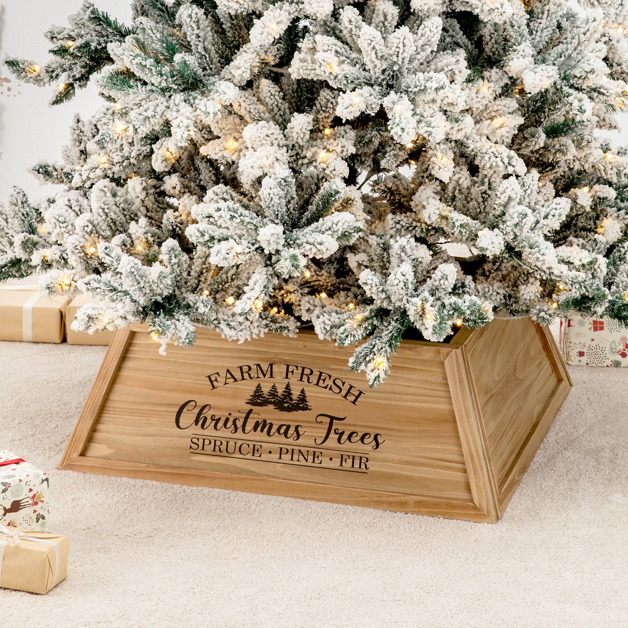 Glitzhome® 40" Natural Wooden Trapezoid Farm Fresh Christmas Tree Collar