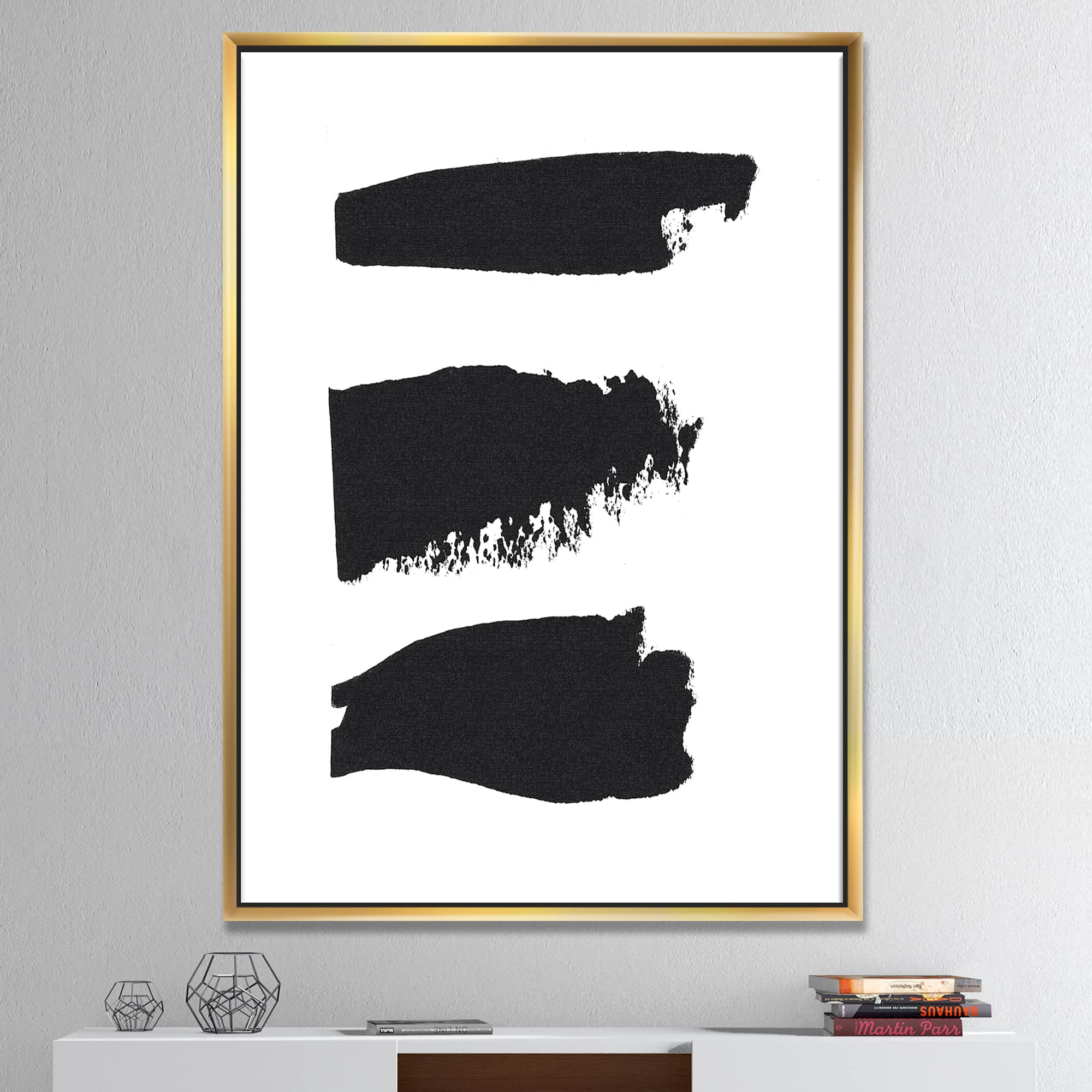 Designart - Black and White Geometric Company II - Mid-Century Modern Canvas in Gold Frame