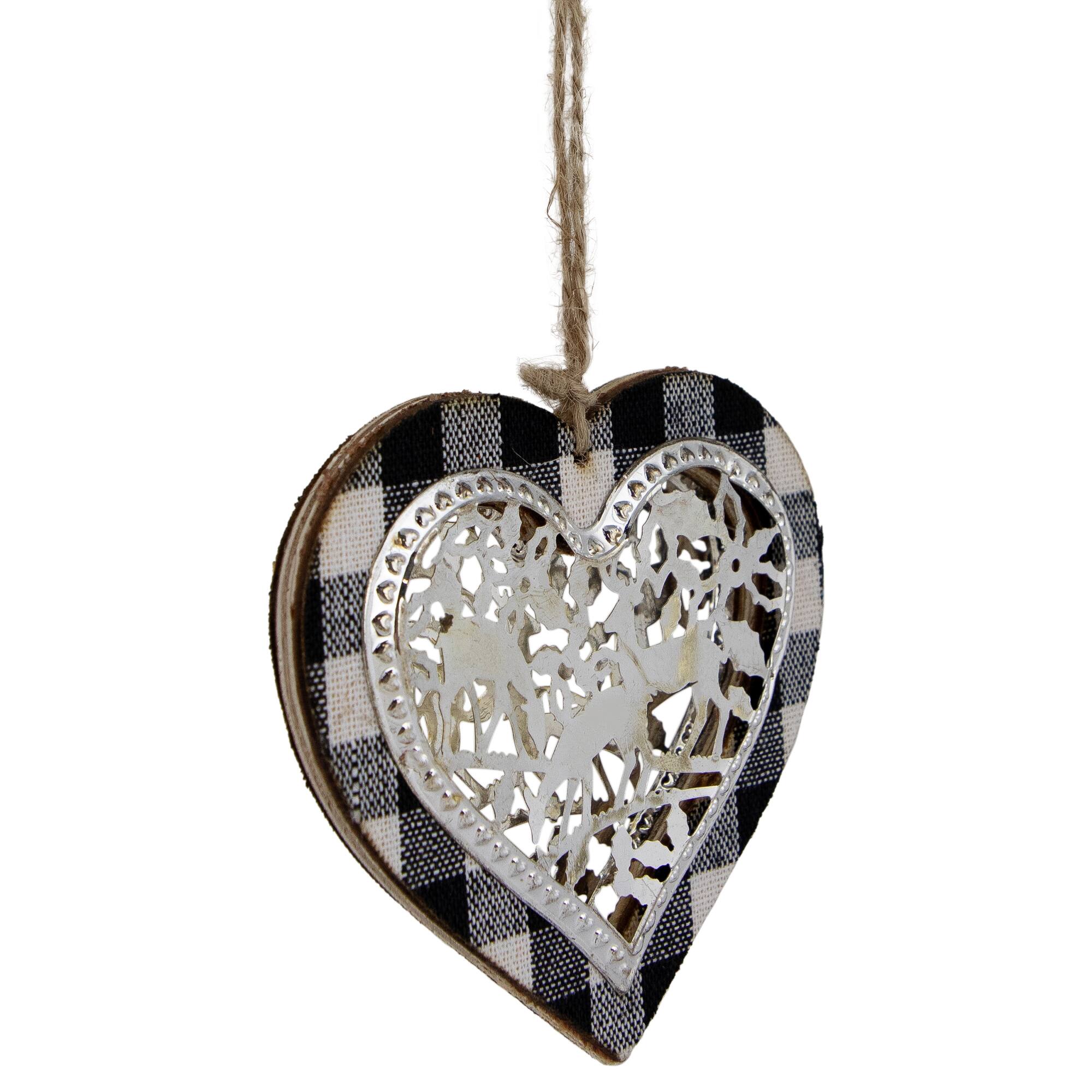 4.25&#x22; Black and White Buffalo Plaid Heart with Reindeer Christmas Ornament