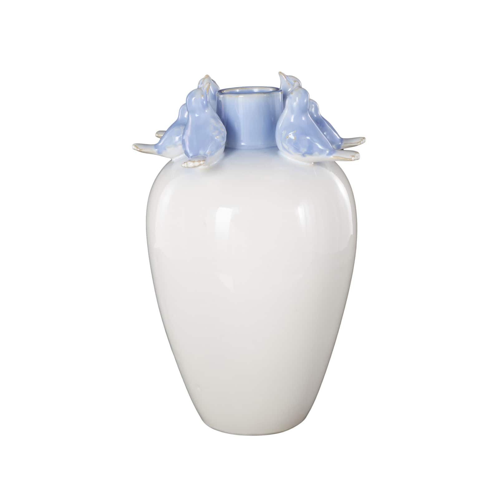13&#x22; White Ceramic Bird Decorative Vase with Blue Accents