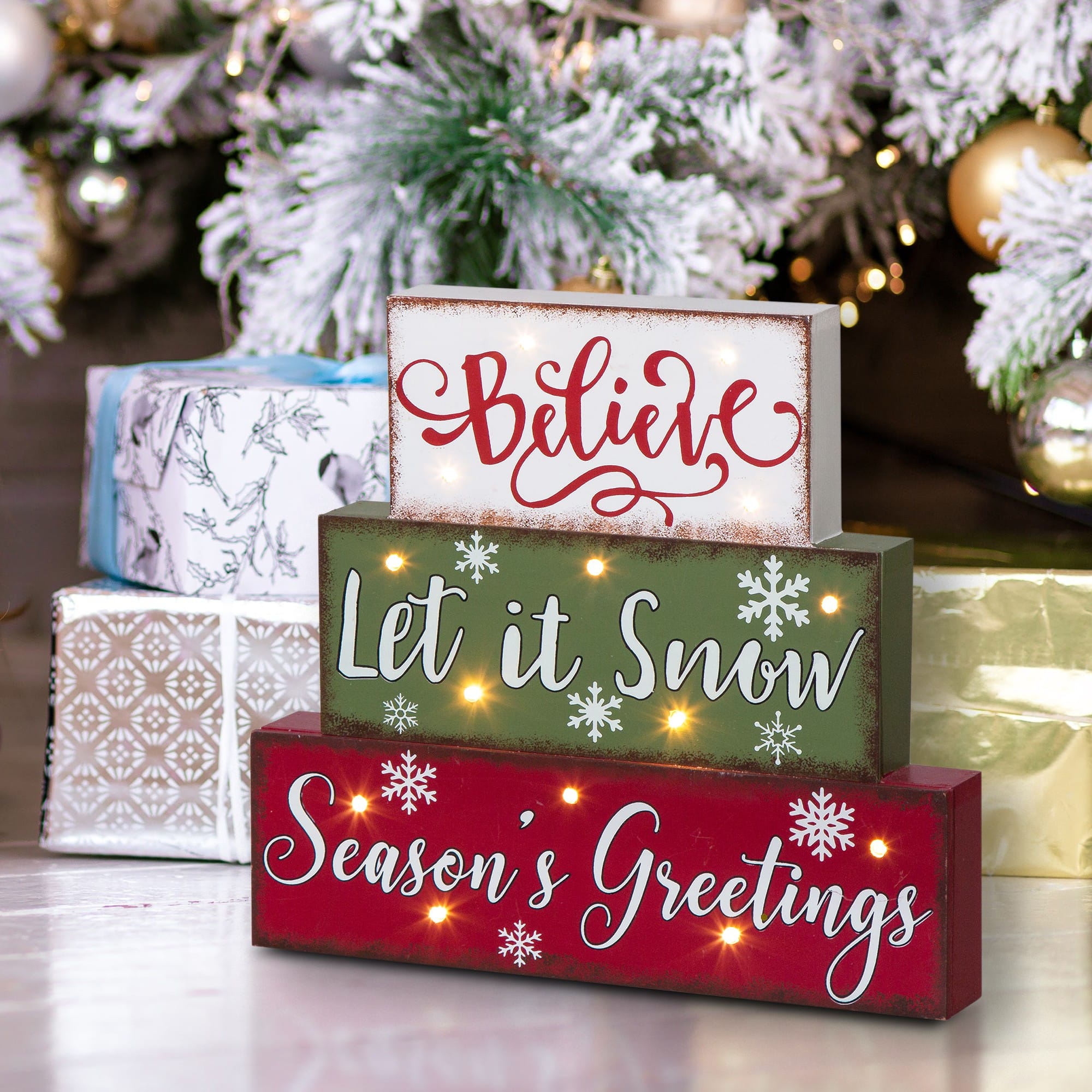 Glitzhome&#xAE; 12&#x22; LED Wooden Block Holiday Word Sign