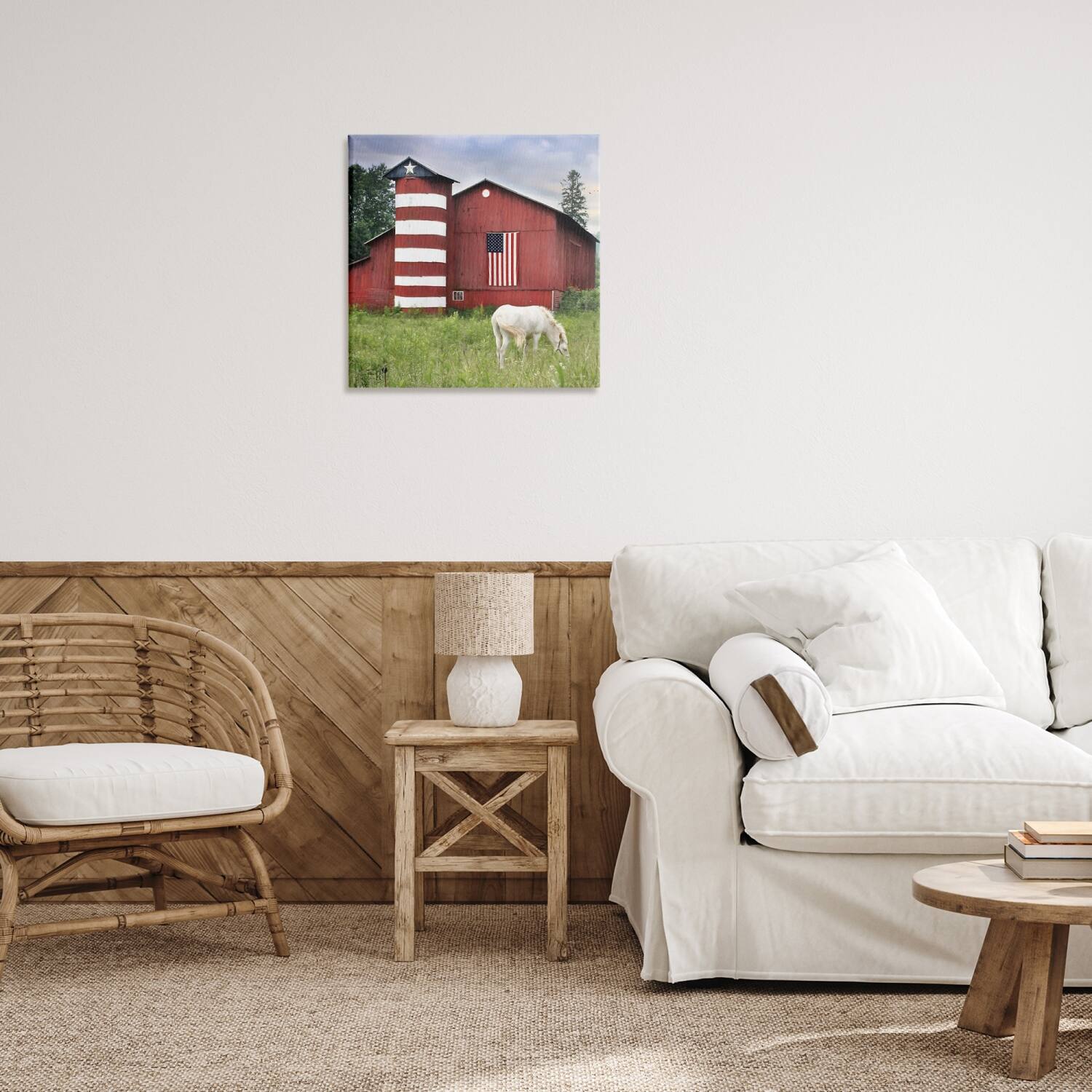 Stupell Industries Grazing White Horse Red Americana Barn Flag Canvas Wall Art
