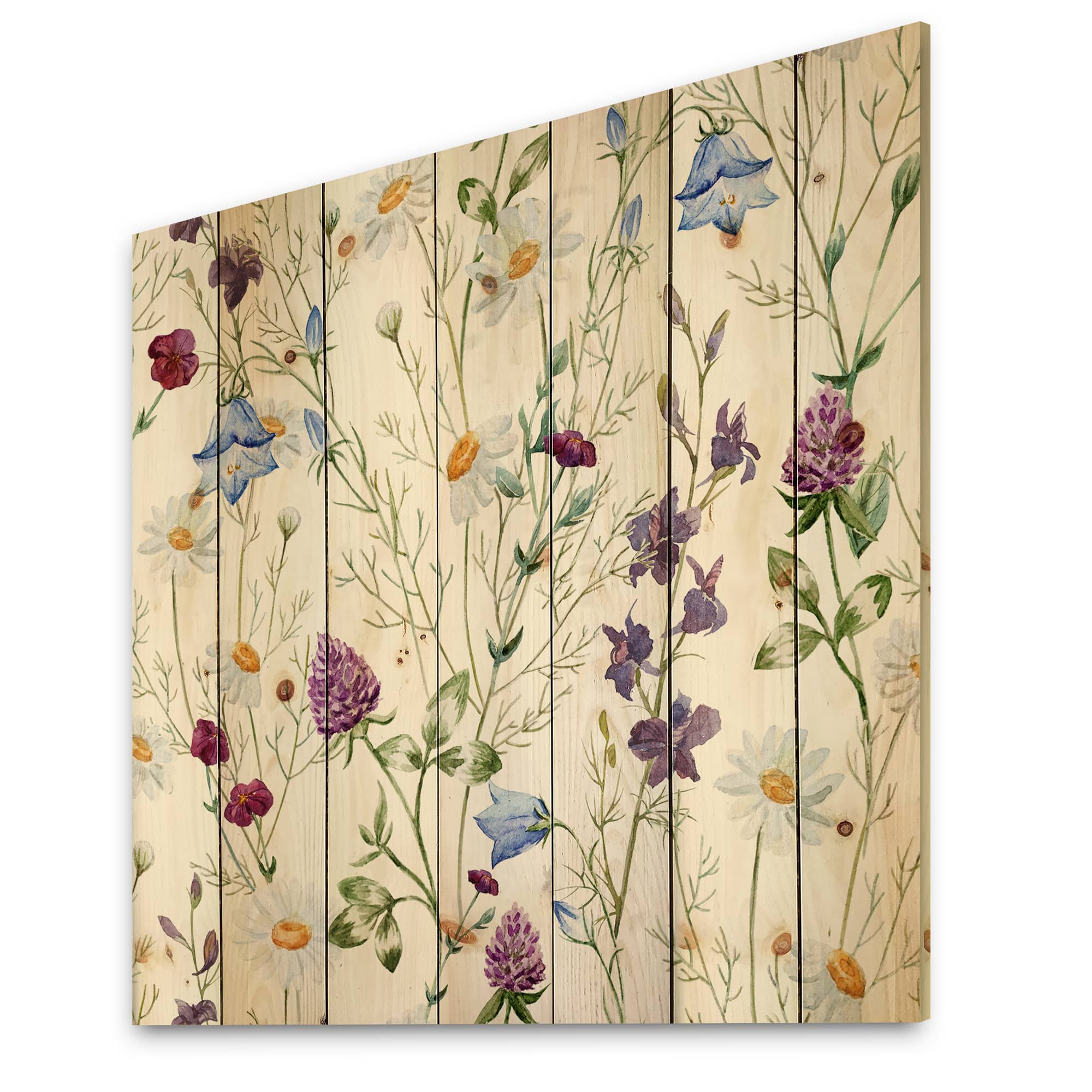 Designart - Wildflowers Chamomile and Clover Bell I - Traditional Print on Natural Pine Wood