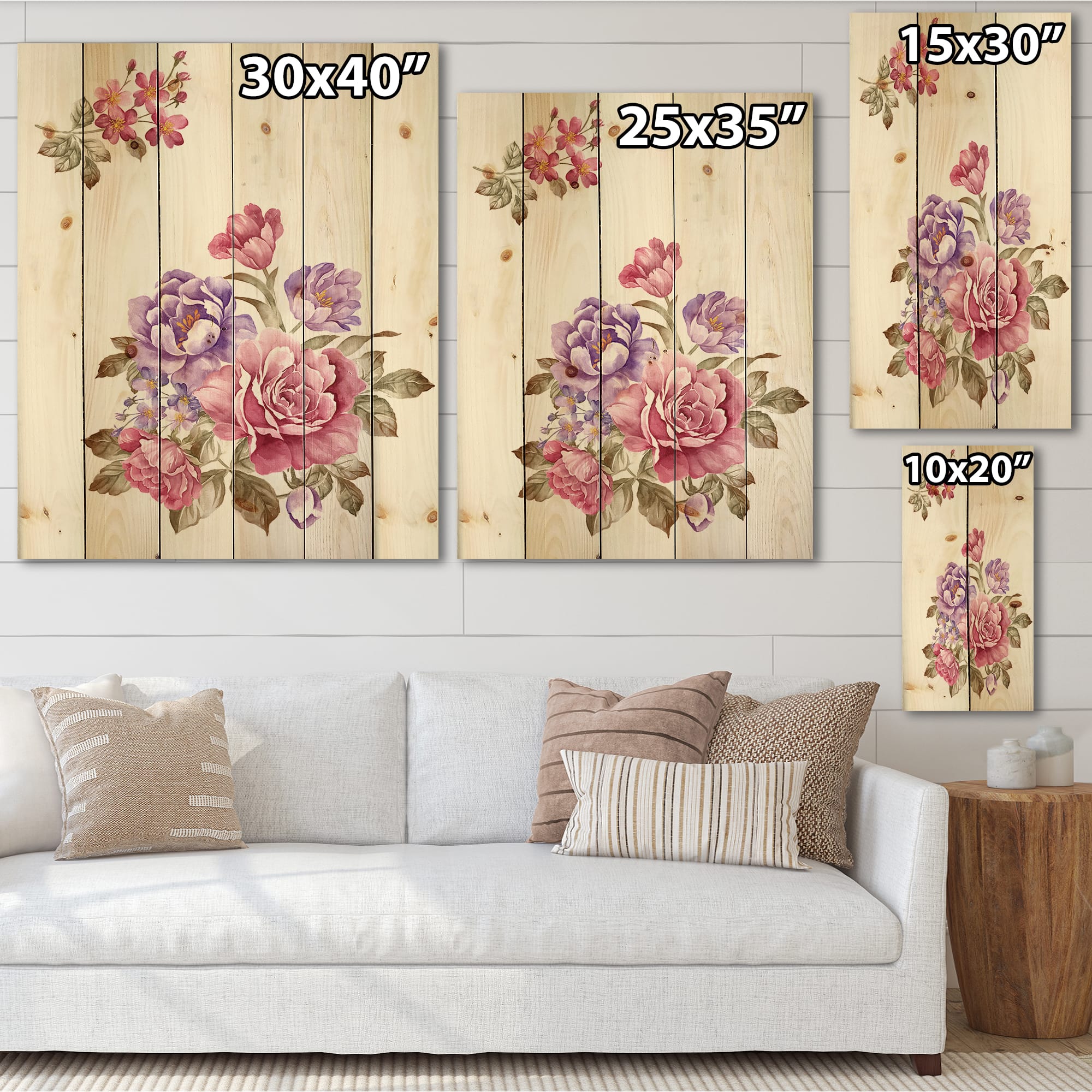 Designart - Bouquet of Pink and Purple Flowers I - Farmhouse Print on Natural Pine Wood