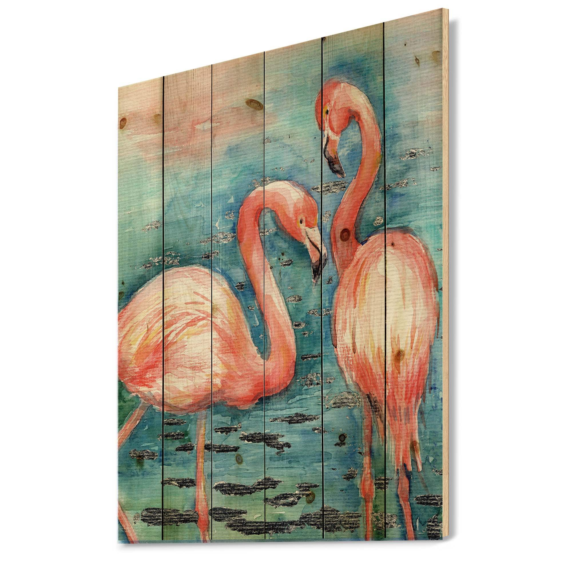 Designart - Pink Flamingos In Blue Water I - Farmhouse Print on Natural Pine Wood