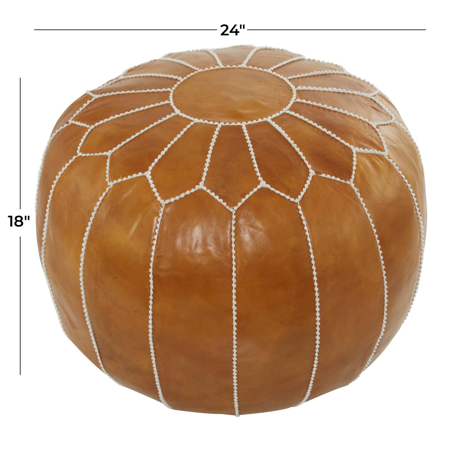 Light Brown Leather Bohemian Pouf, 24&#x22; x 24&#x22; x 18&#x22;