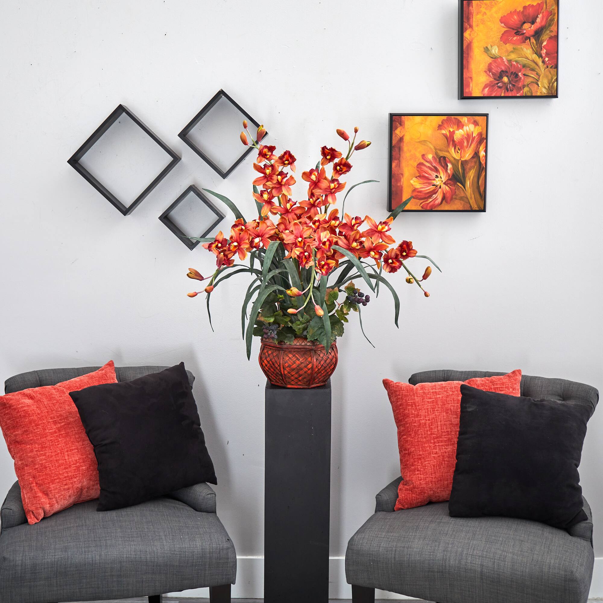 30" Burgundy Silk Cymbidium Arrangement with Decorative Vase