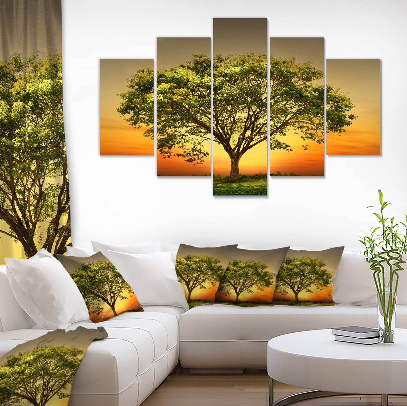 Designart - Green Tree against Setting Sun - Trees Canvas Art Print