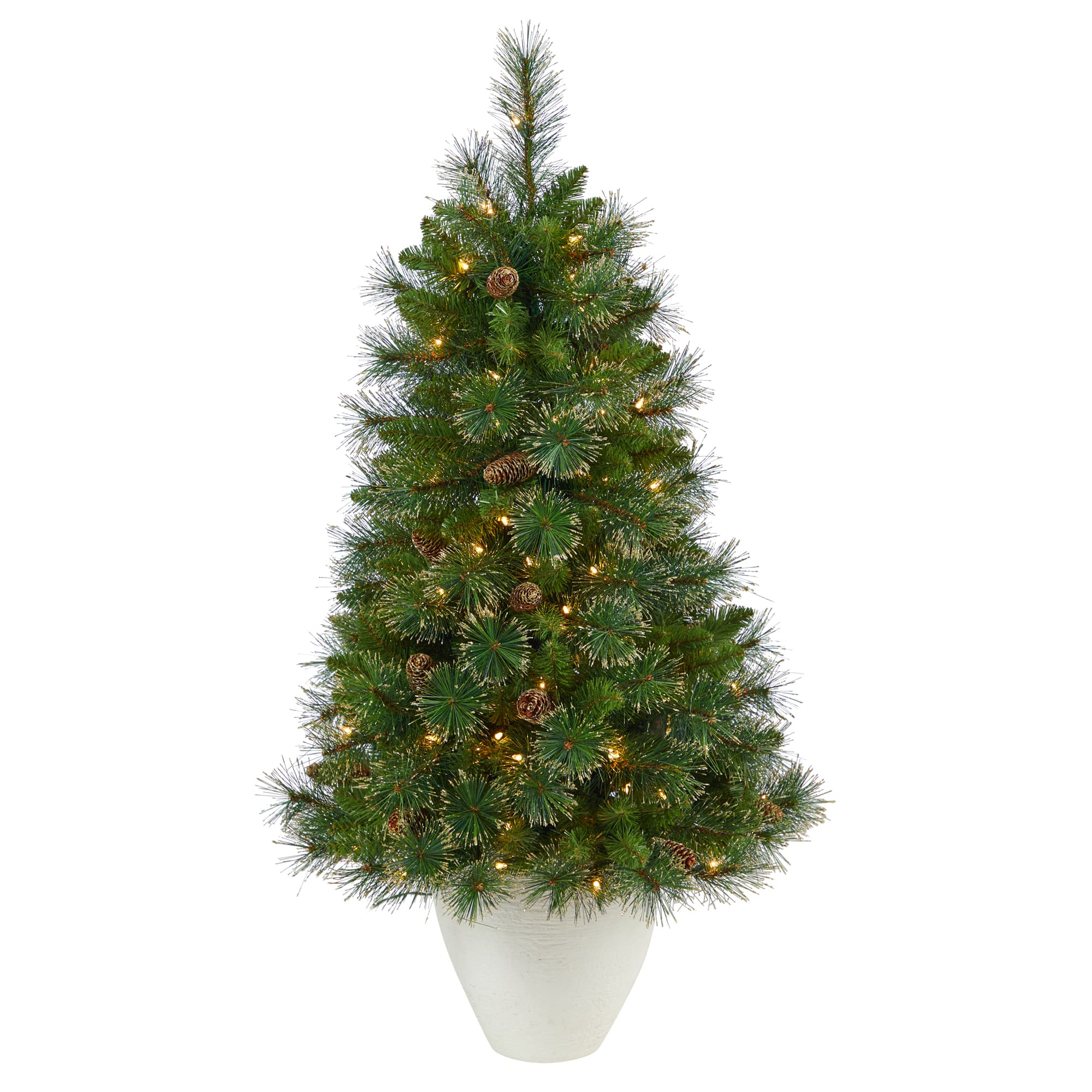 4ft. Pre-Lit Golden Tip Washington Pine with Pinecones Artificial Christmas Tree In White Planter, Clear Lights
