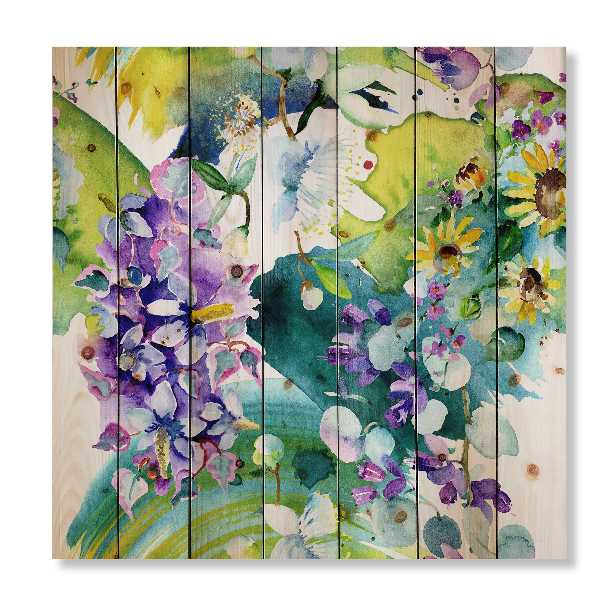Designart - Bouquet of Wildflowers and Sunflowers - Farmhouse Print on Natural Pine Wood