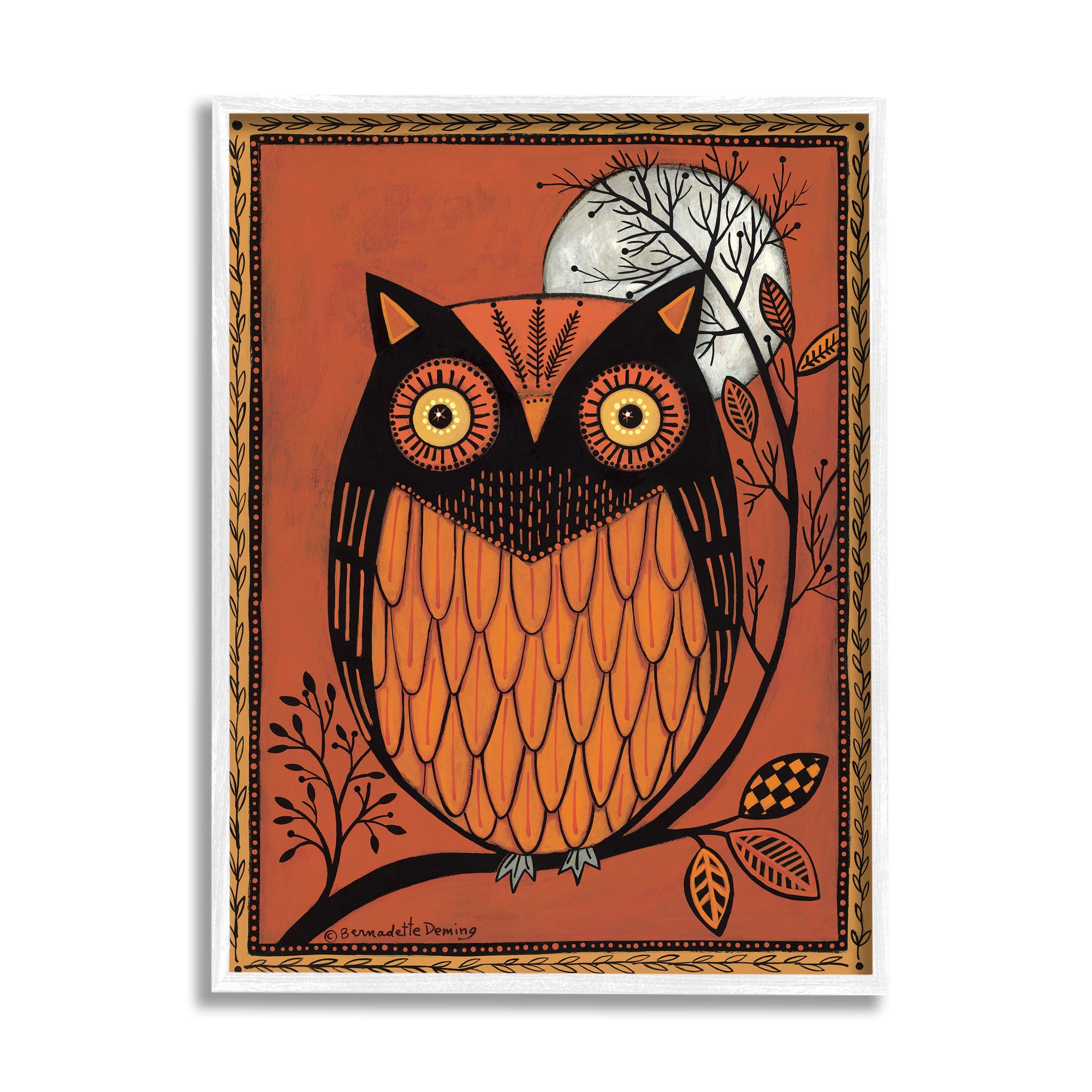 Stupell Industries Round Owl Autumn Botanical Border Framed Giclee Art