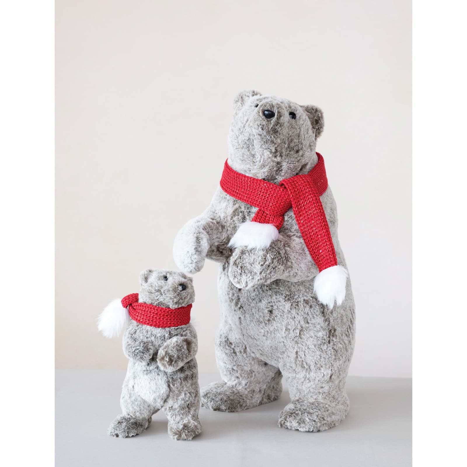 Hello Honey&#xAE; 11&#x22; Gray, White &#x26; Red Faux Fur Standing Bear with Scarf