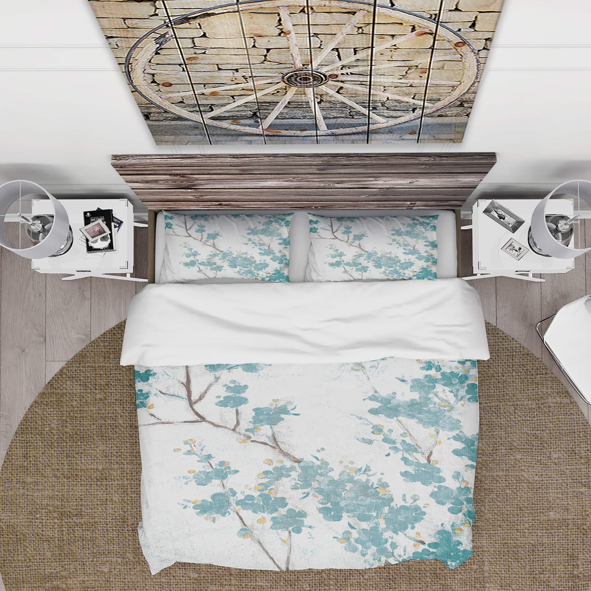 Designart &#x27;Teal Cherry Blossoms II&#x27; Farmhouse Bedding Set - Duvet Cover &#x26; Shams