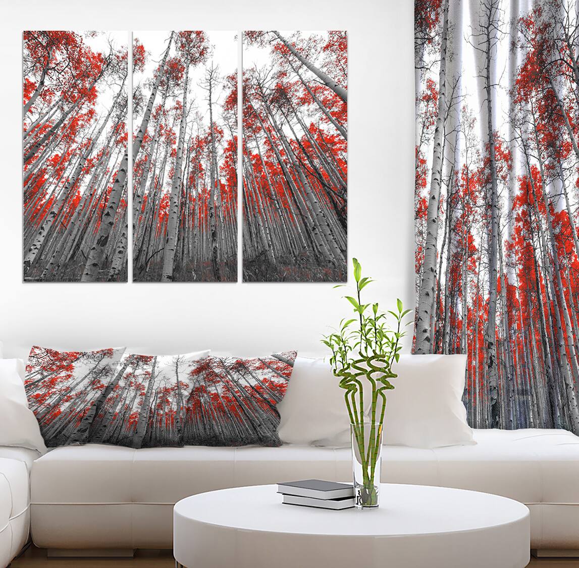 Designart - Red Leaf Trees in Tall Forest - Floral Landscapes Photographic on Wrapped Canvas set