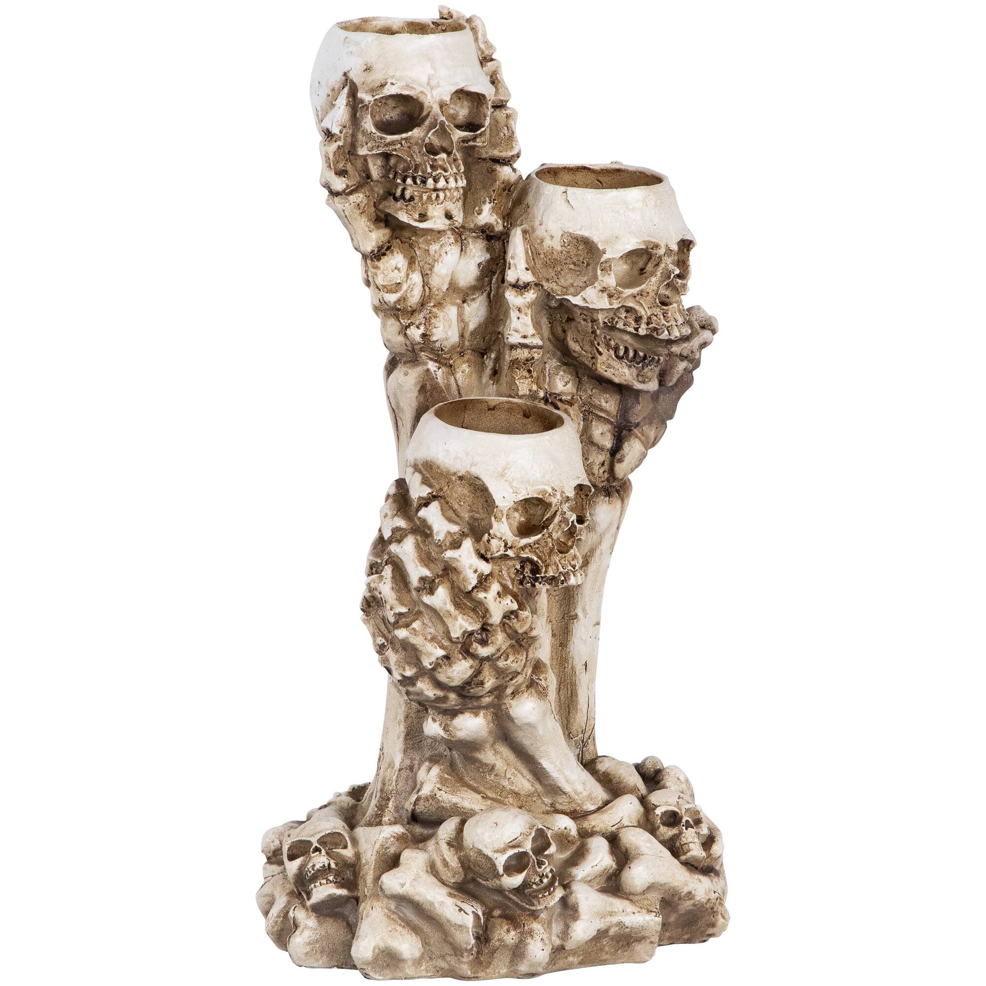 12&#x22; Triple Skulls Halloween Tea Light Candle Holder