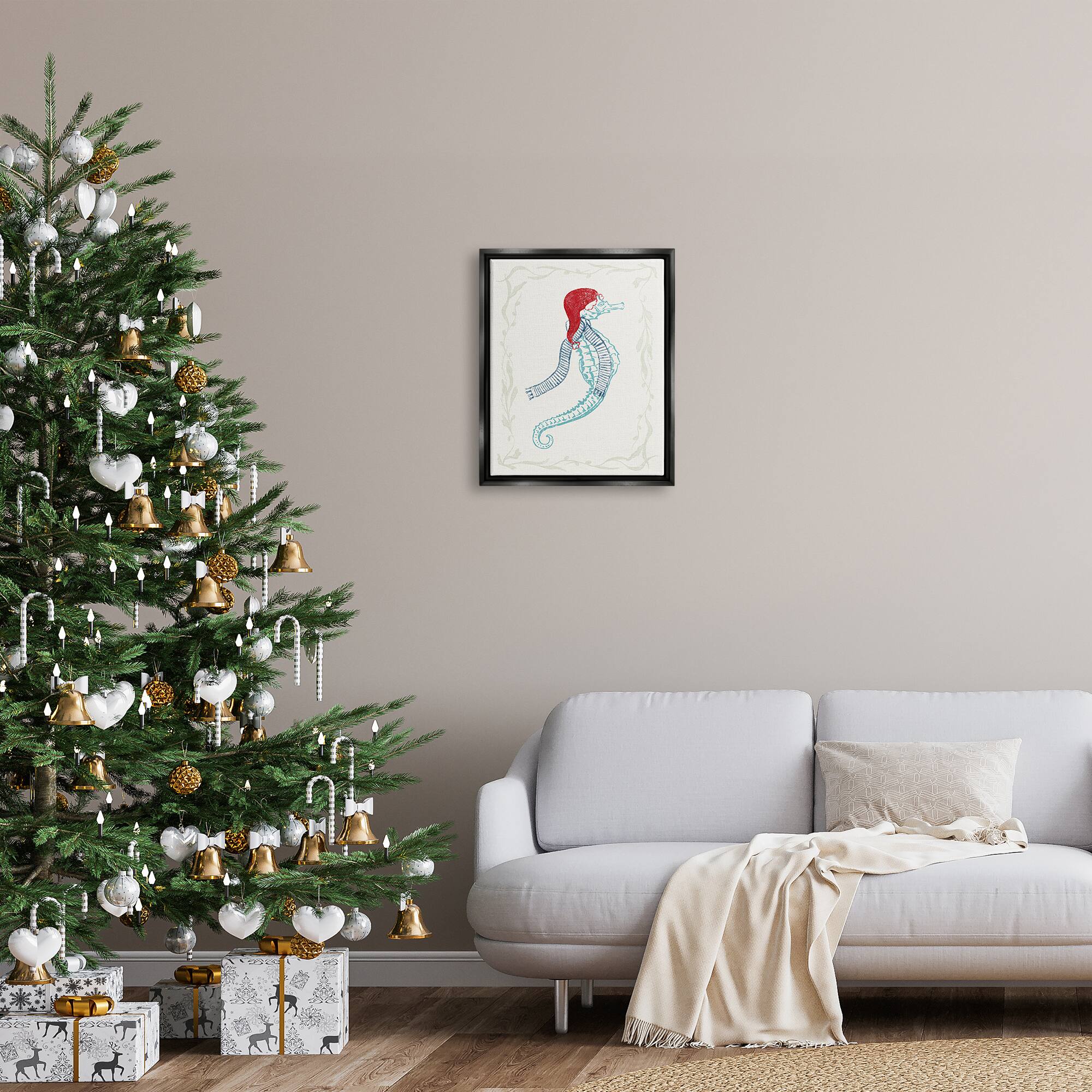 Stupell Industries Coastal Christmas Seahorse Santa Framed Floater Canvas Wall Art