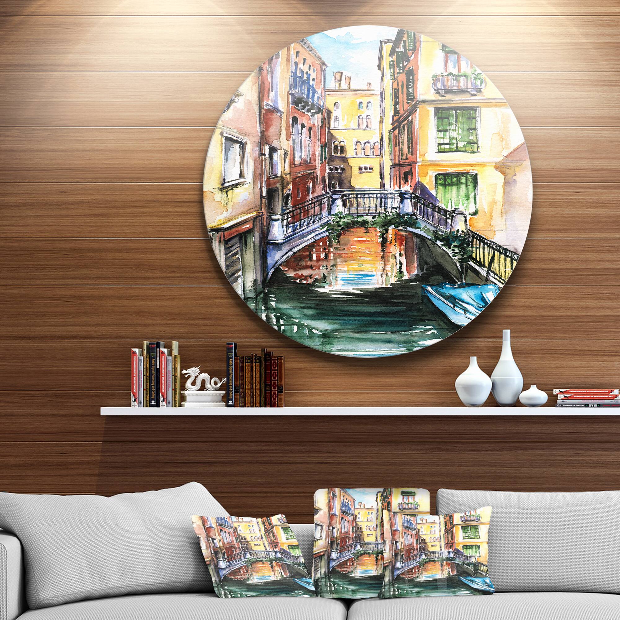 Designart - Venice Canal Meeting Bridge&#x27; Cityscape Metal Circle Wall Art