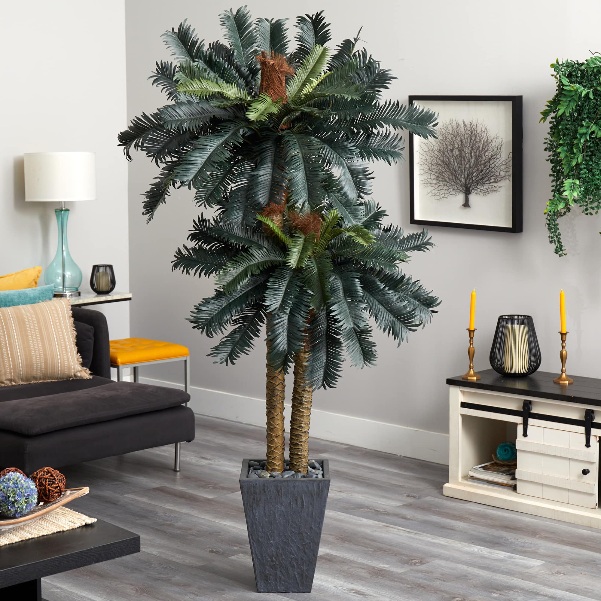 6ft. Double Sago Palm Artificial Tree in Slate Finished Planter