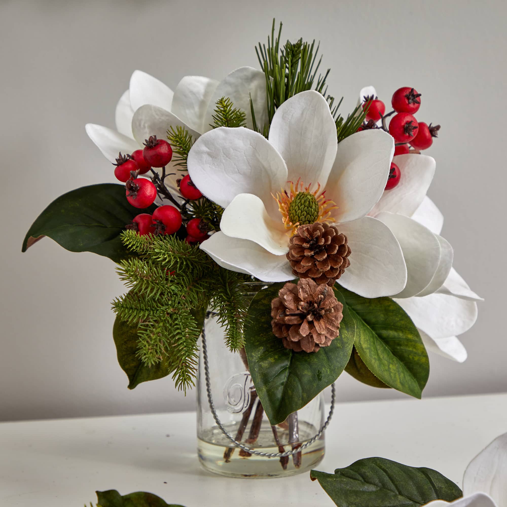 12&#x22; Magnolia, Pine &#x26; Berry Arrangement in Glass Vase