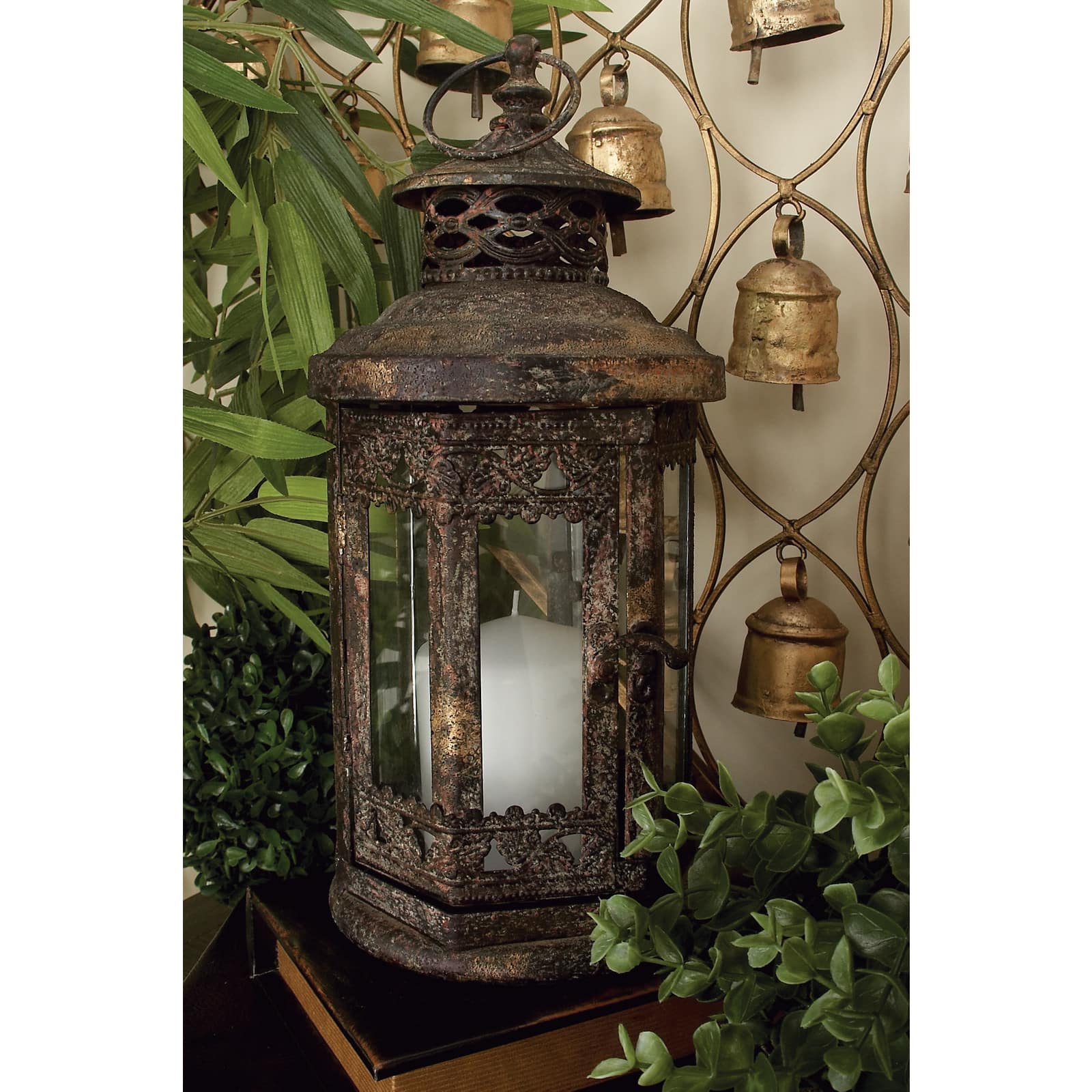 Brown Iron Rustic Candle Holder Lantern, 13&#x22; x 6&#x22; x 6&#x22;