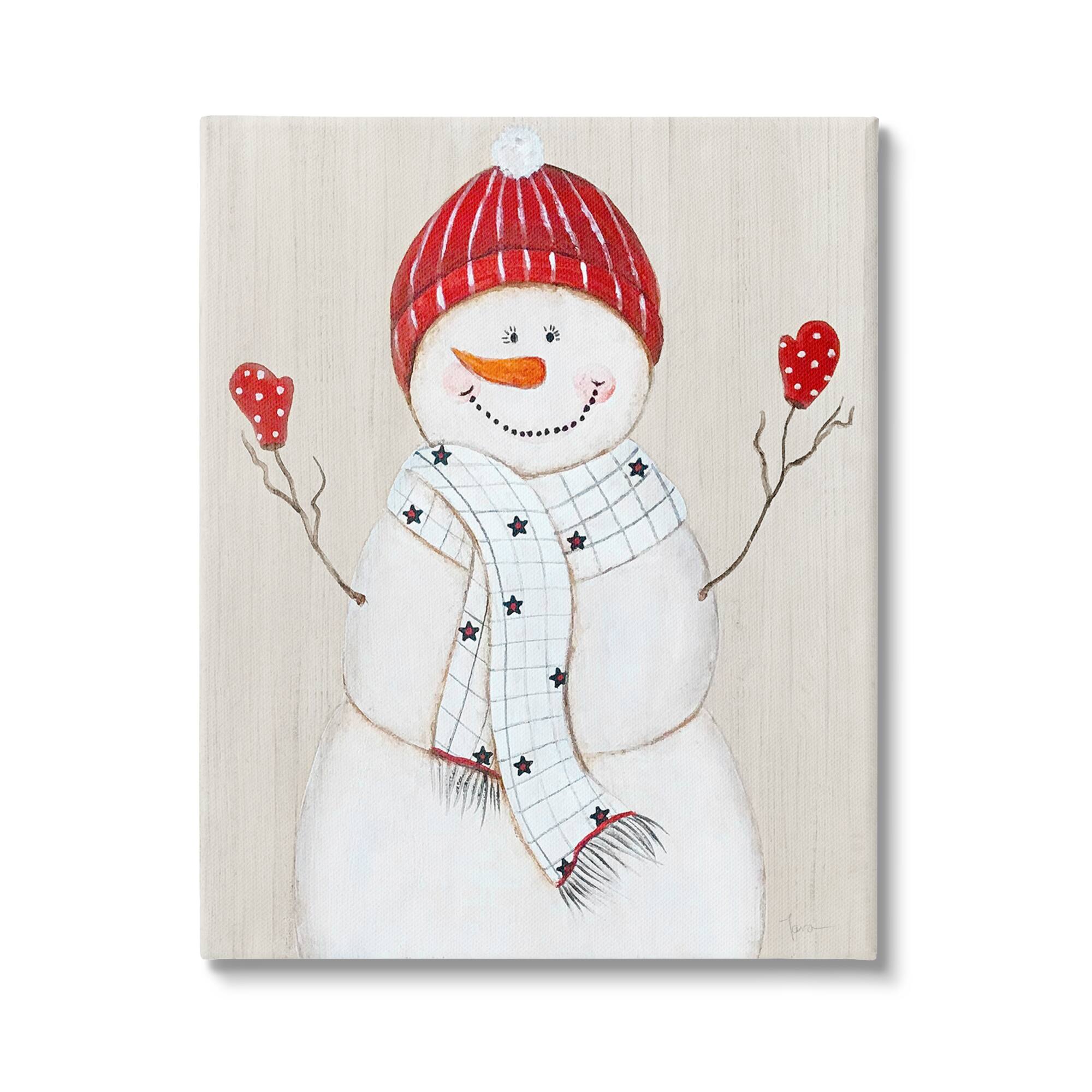 Stupell Industries Seasonal Snowman Smiling Red Hat Canvas Wall Art