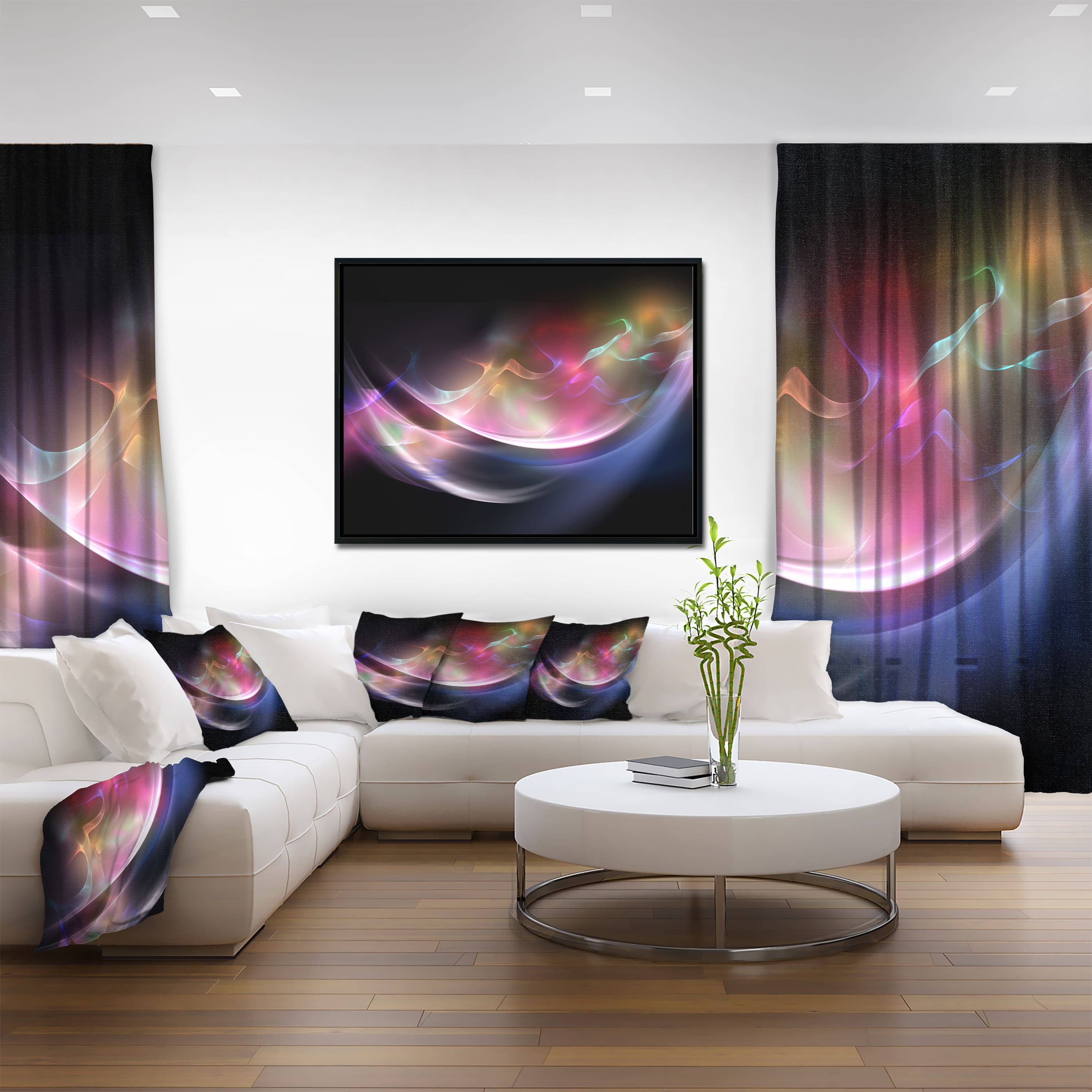 Designart - 3D Pink Blue Glowing Light - Abstract Canvas art print in Black Frame