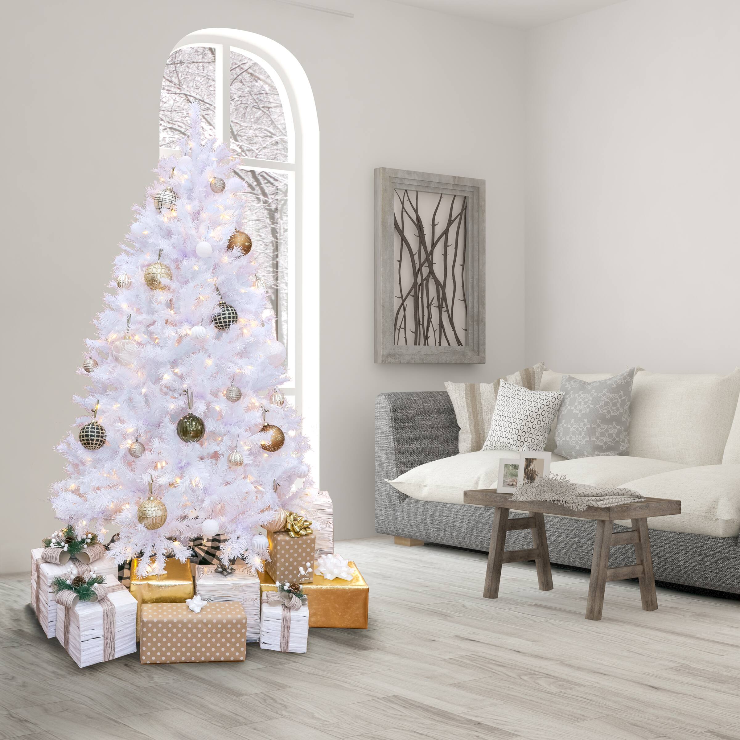 7.5ft. Pre-Lit White Artificial Christmas Tree, Warm White LED Lights