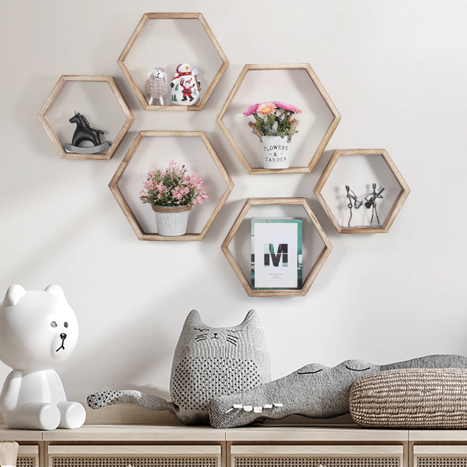 NEX™ Light Brown Hexagon Floating Wood Shelves Set