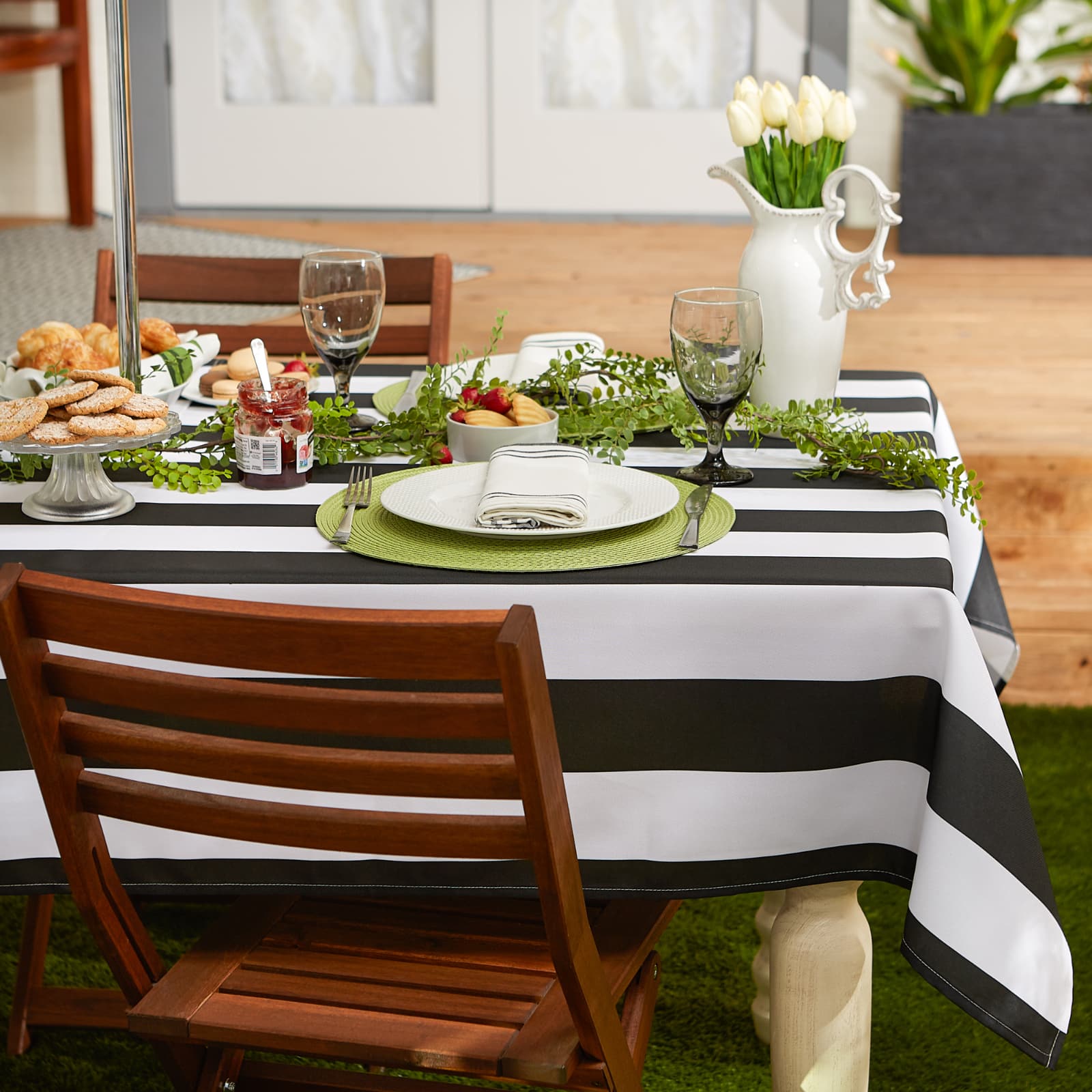 Black Cabana Stripe Print Outdoor Tablecloth,, 60&#x22; x 84&#x22;